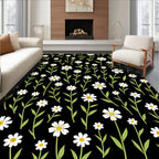 Black White Daisy Floral Pattern Rug