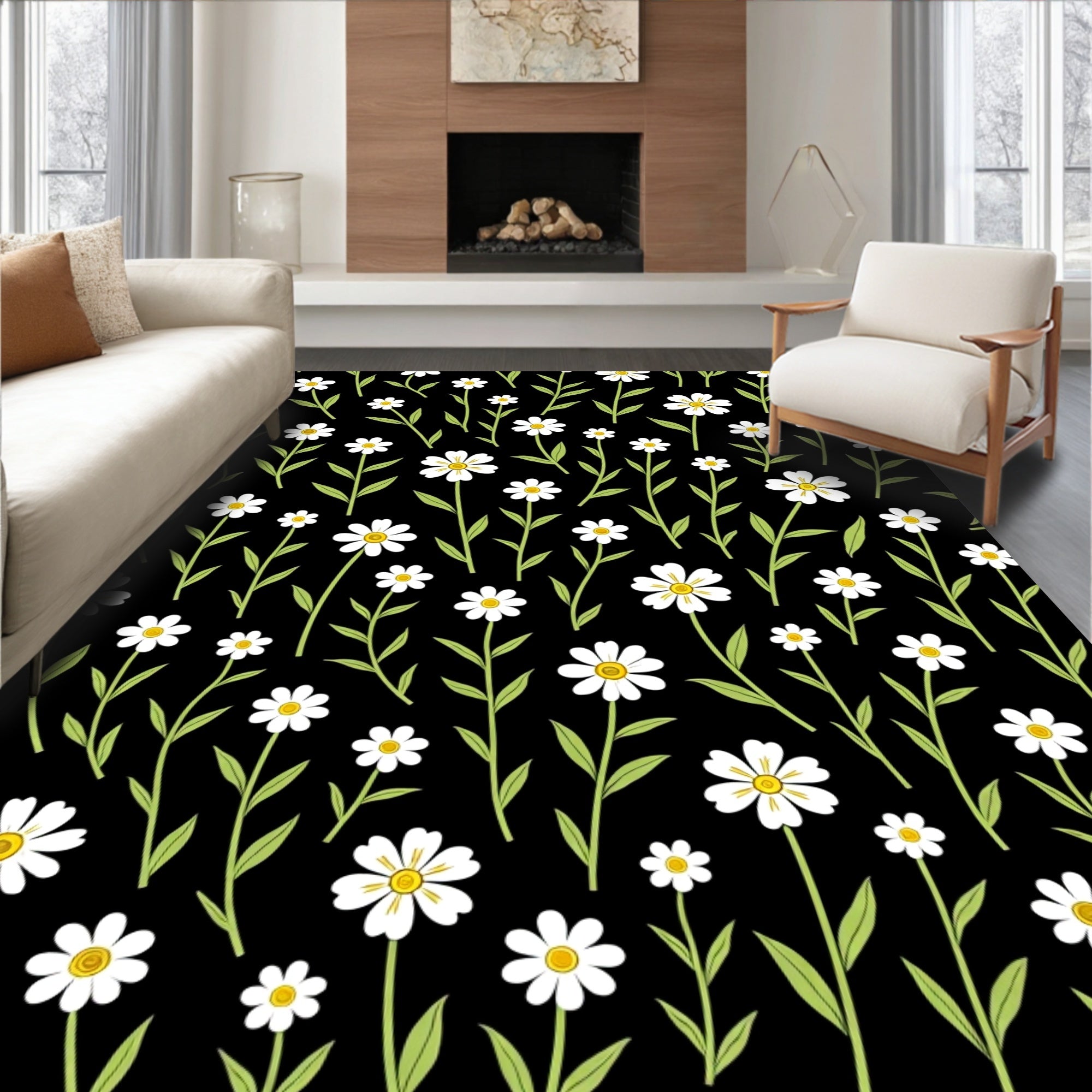 Black White Daisy Floral Pattern Rug