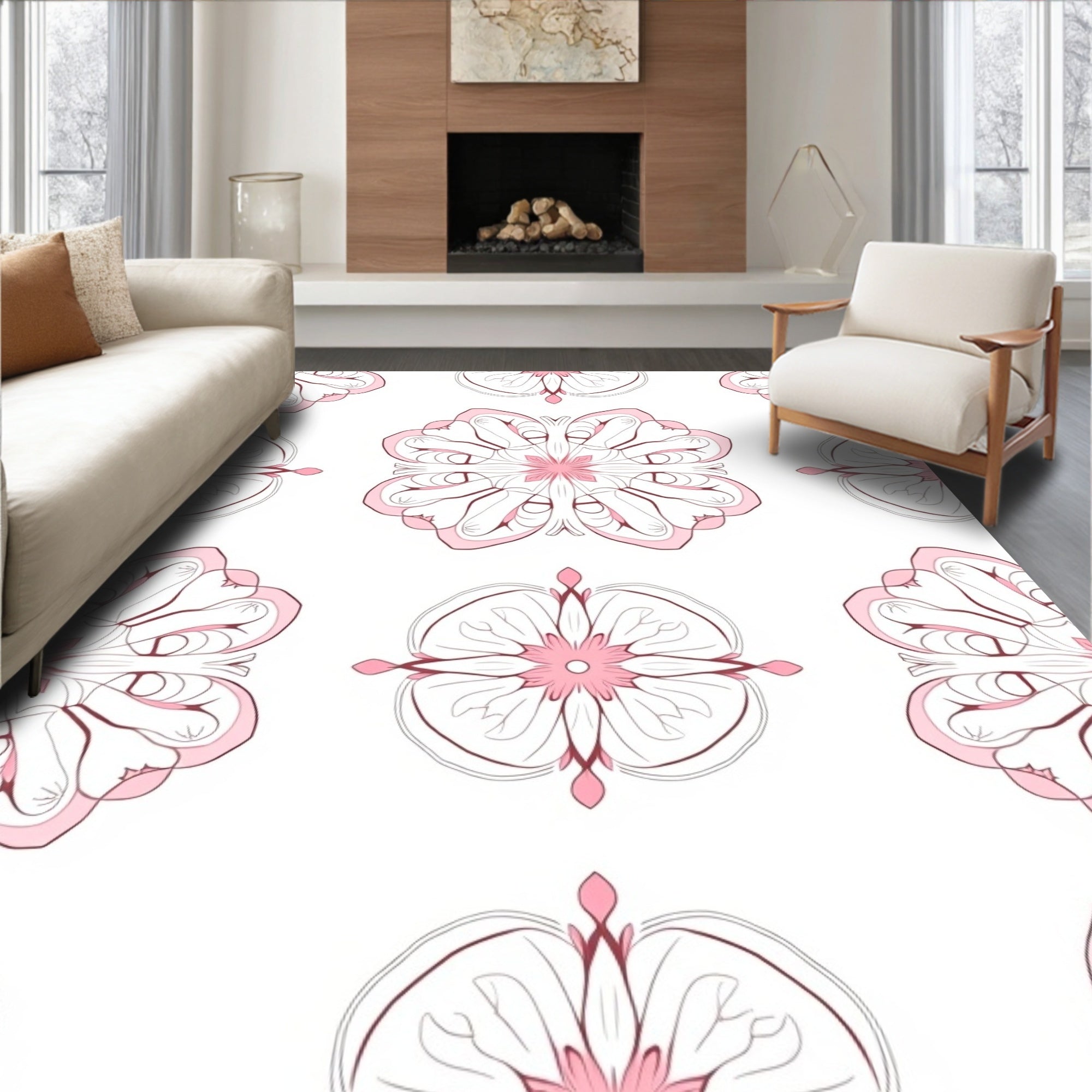 Soft Pink Floral Mandala Pattern Rug