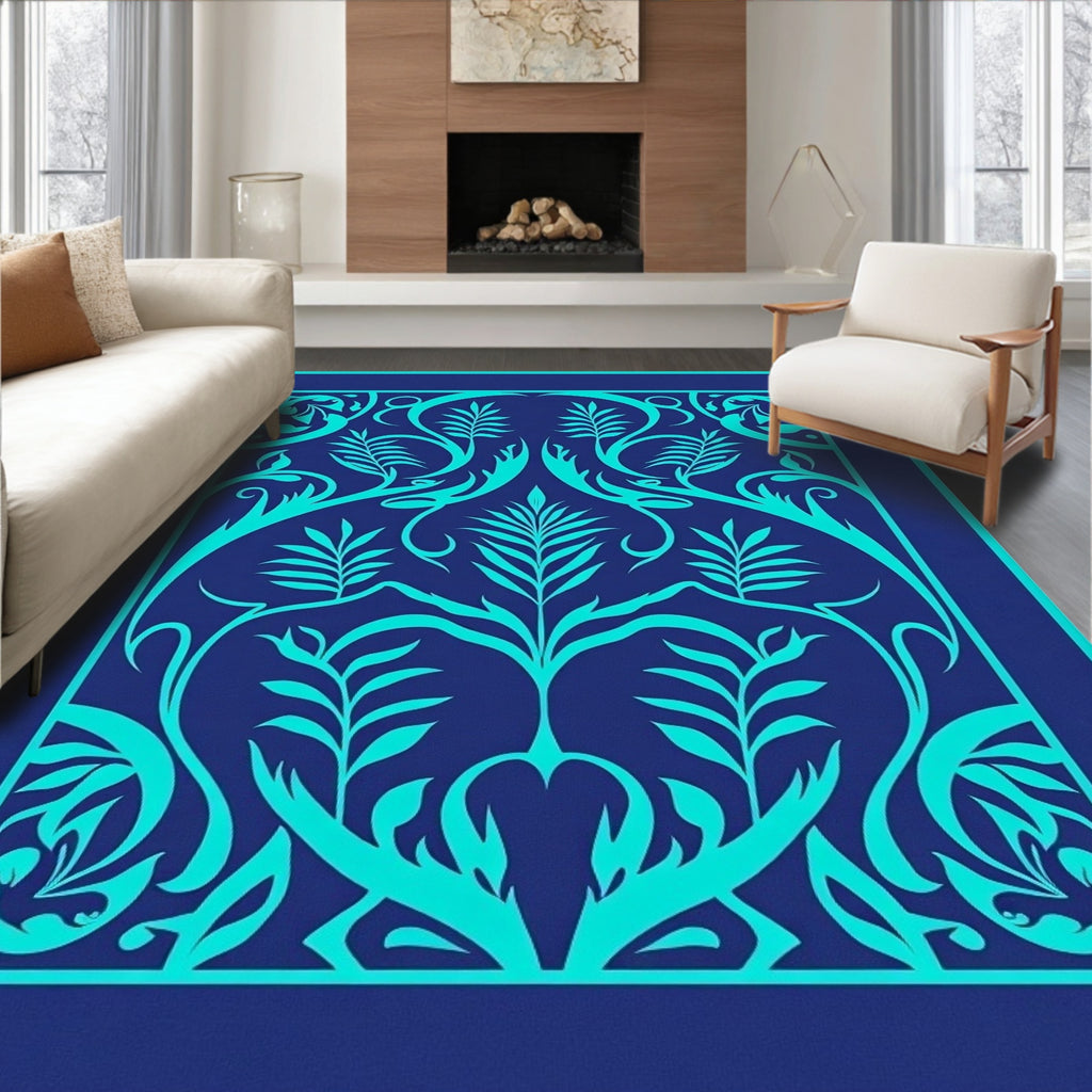 Teal Ornamental Botanical Pattern Rug