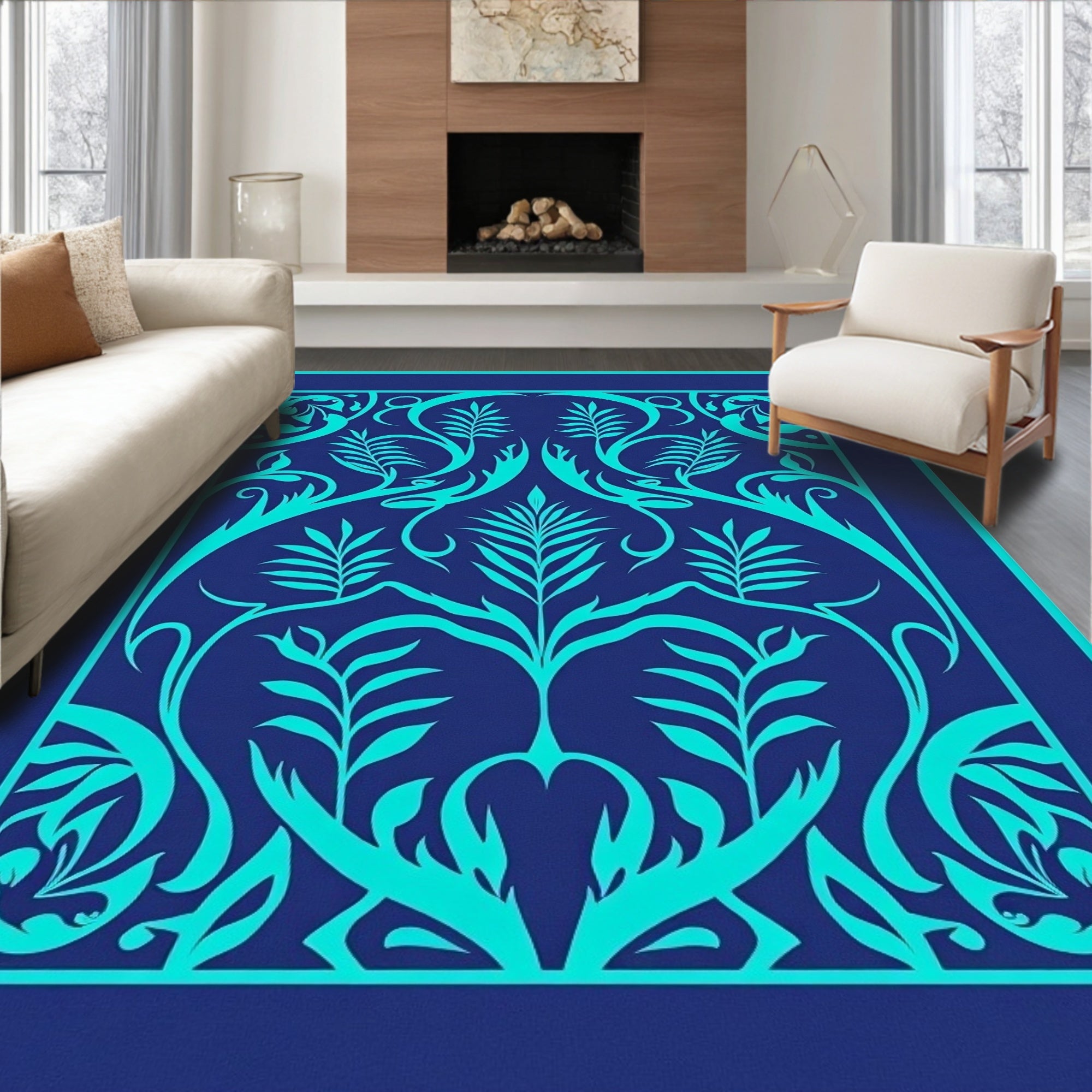 Teal Ornamental Botanical Pattern Rug