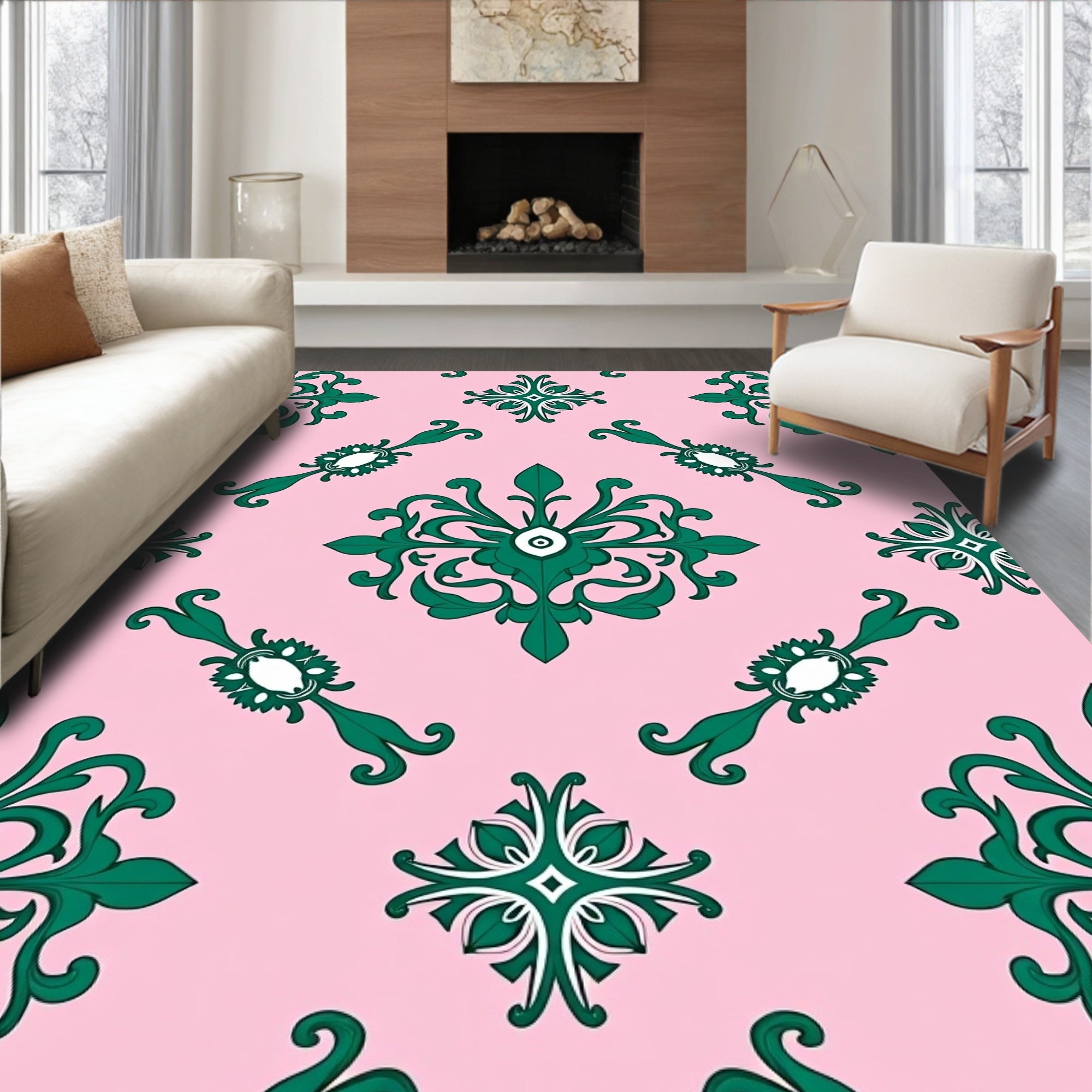 Emerald Green Floral Medallion Pink Rug