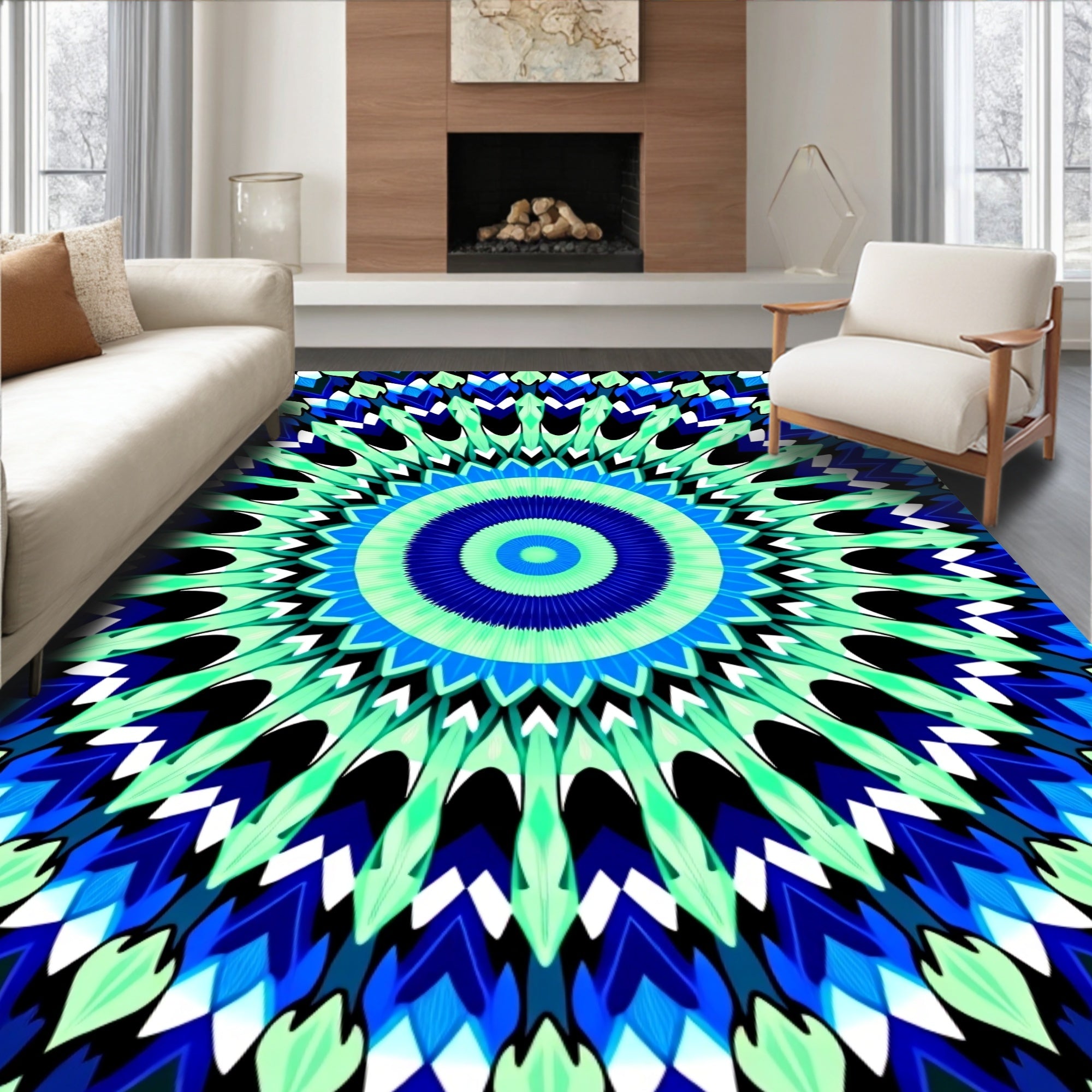 Abstract Blue Green Radial Mandala Rug