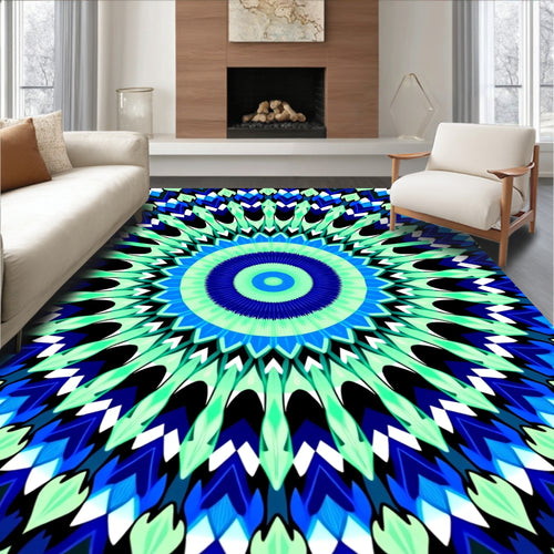 Abstract Blue Green Radial Mandala Rug