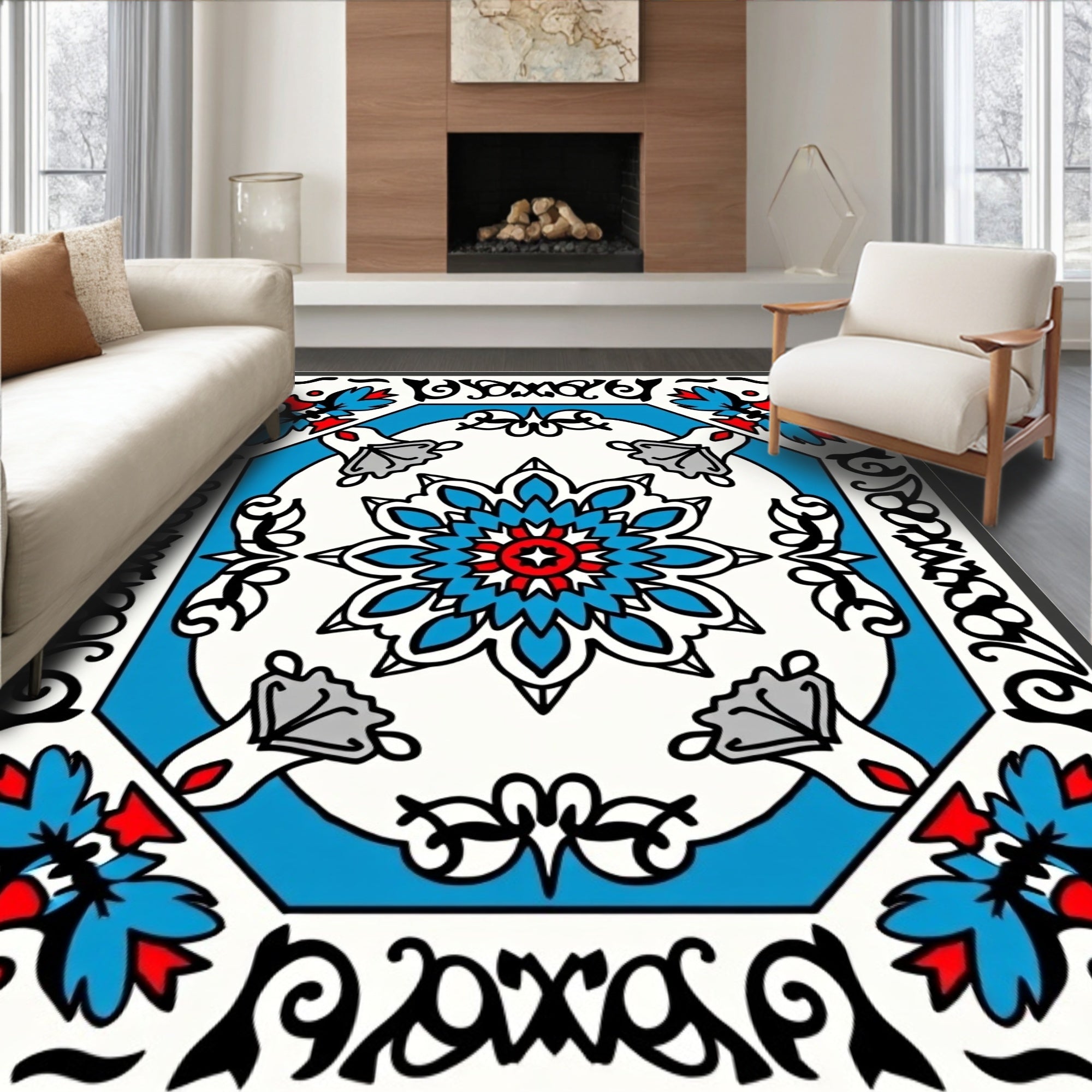 Vibrant Floral Medallion With Blue Accents Rug