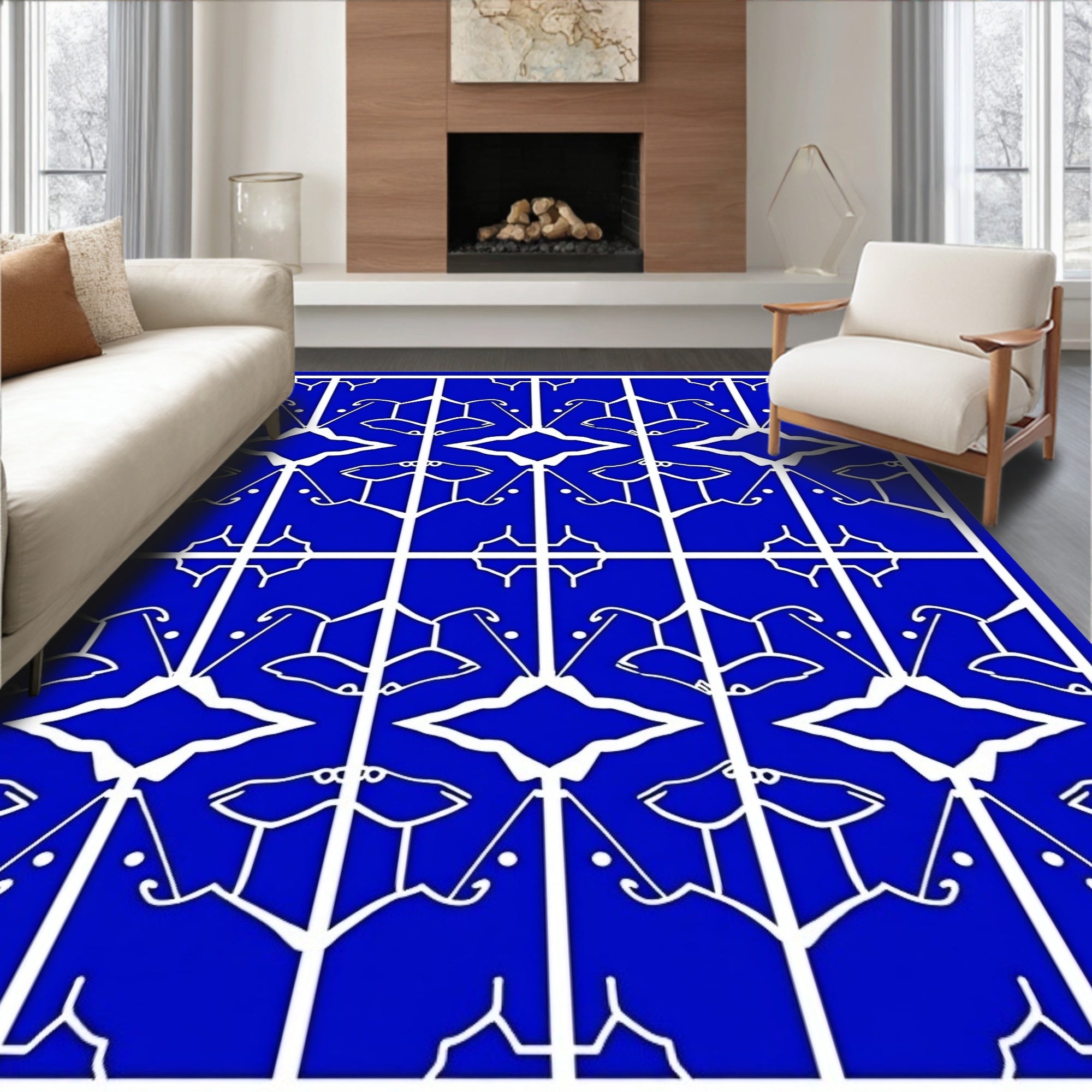 Abstract Blue White Geometric Pattern Rug