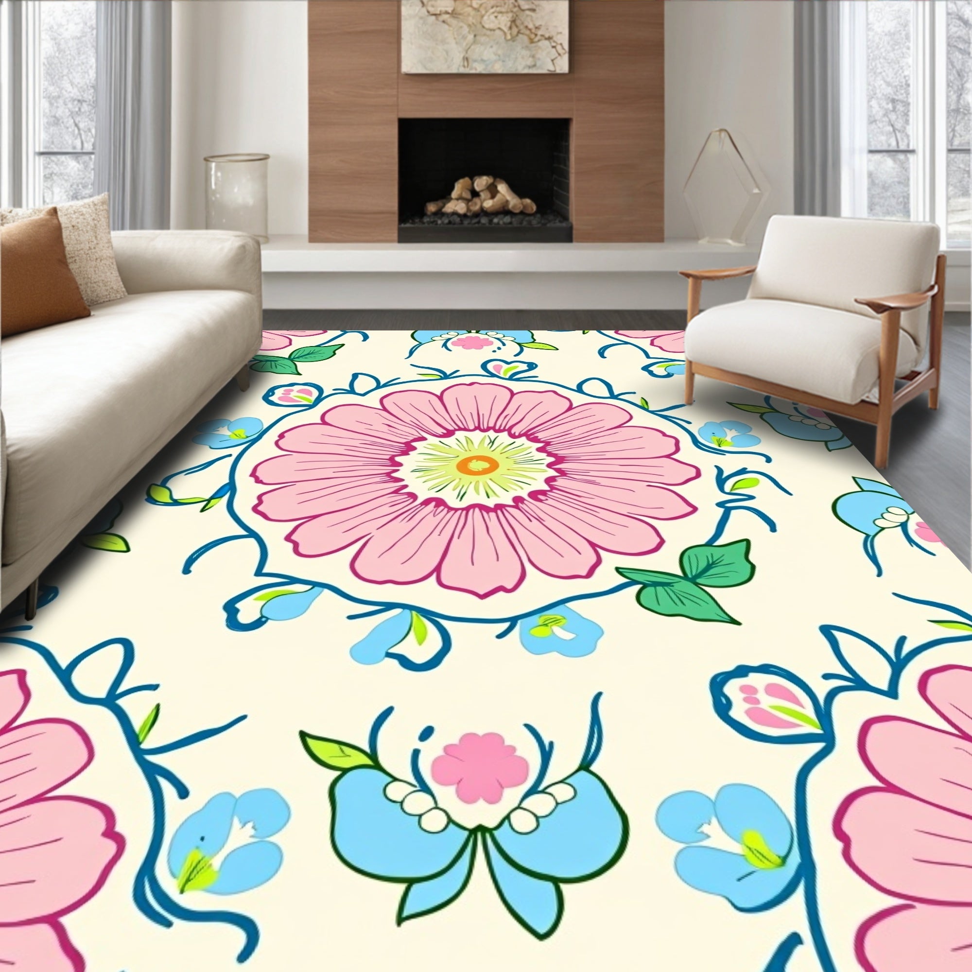 Pink Blue Floral Medallion Pattern Rug