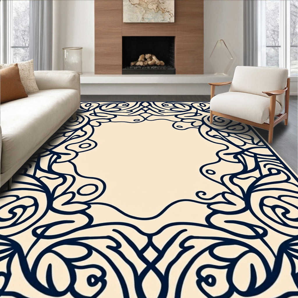 Ornate Floral Swirl Decorative Border Rug
