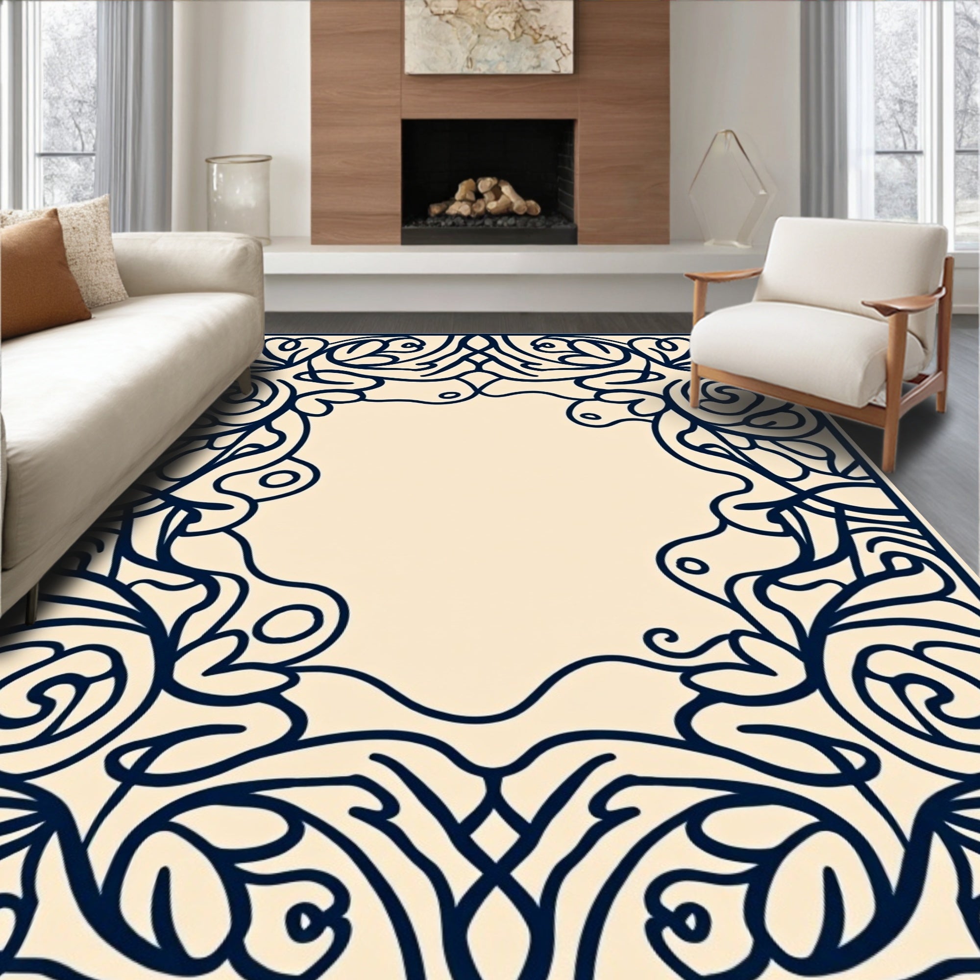 Ornate Floral Swirl Decorative Border Rug
