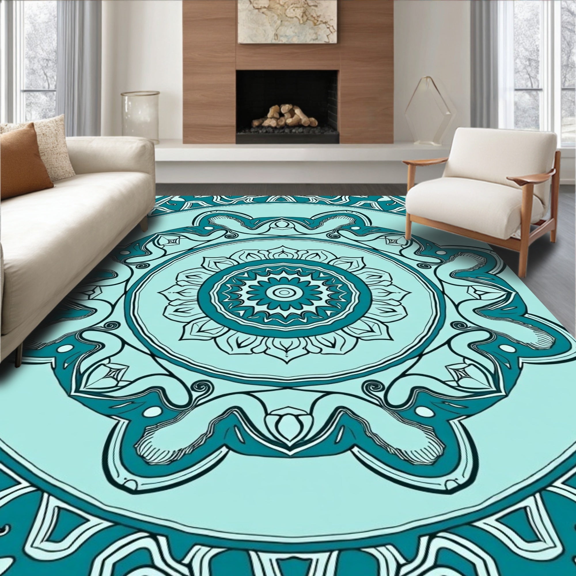 Mandala Patterned Aqua Teal Rug