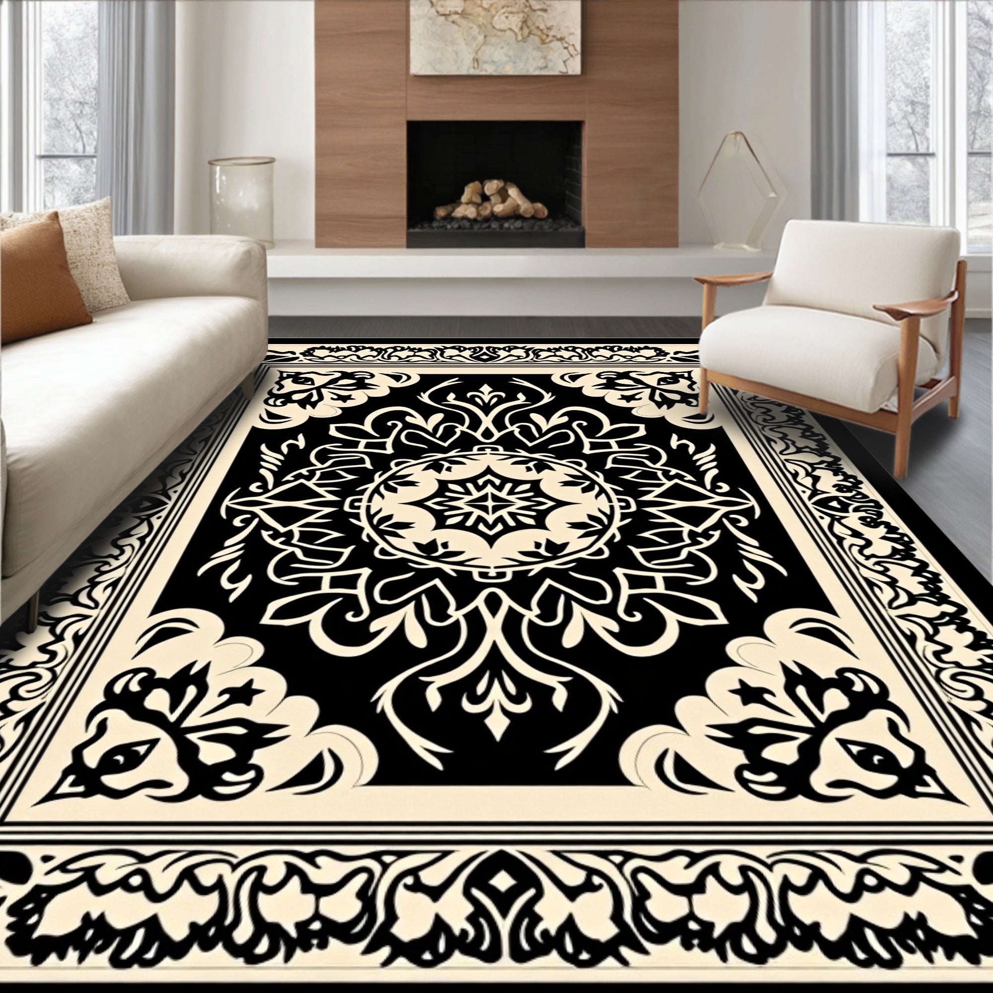 Classic Black Beige Floral Rug
