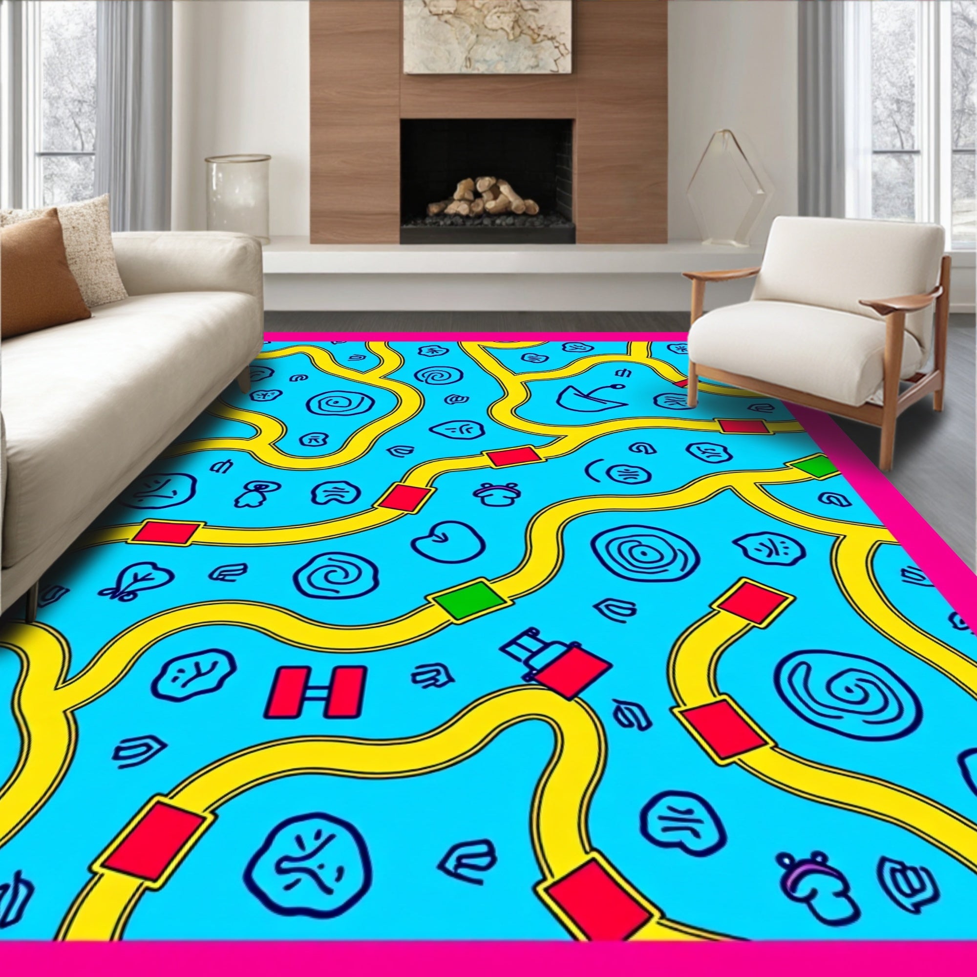 Bright Blue Yellow Road Game Play Rug