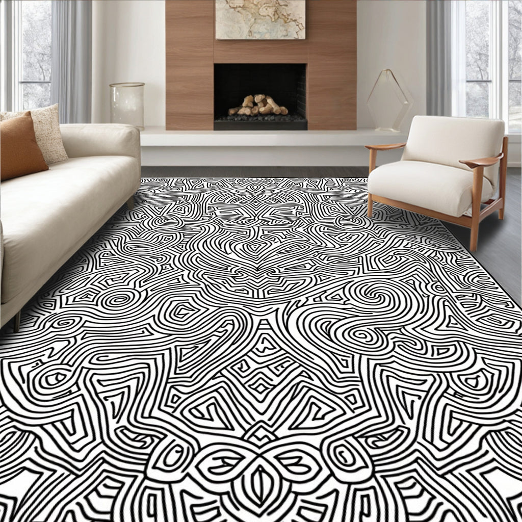 Abstract Black White Labyrinth Rug