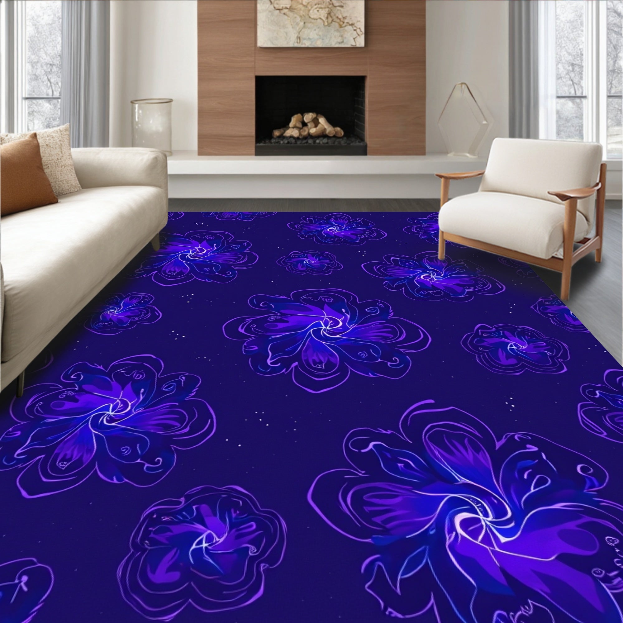 Purple Abstract Floral Print Rug