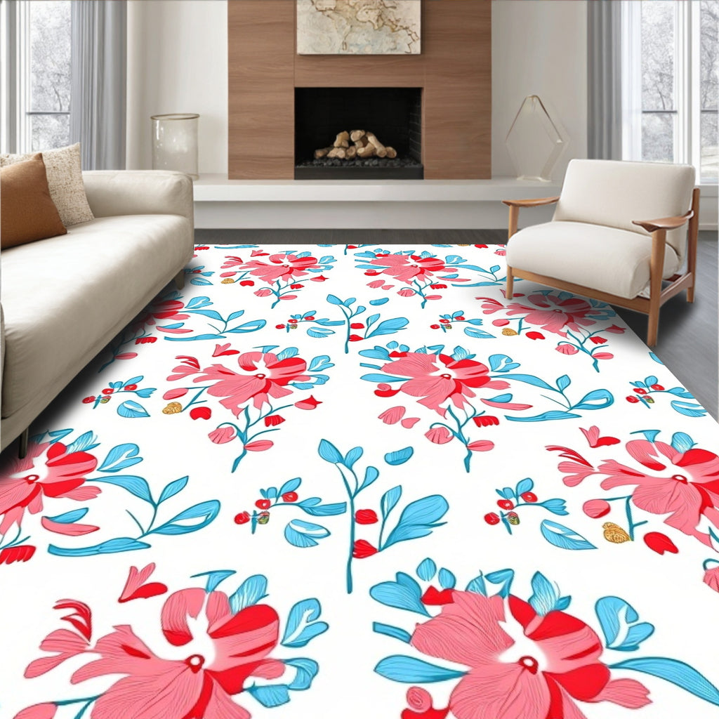 Vibrant Pink Floral Blue Leaf Pattern Rug