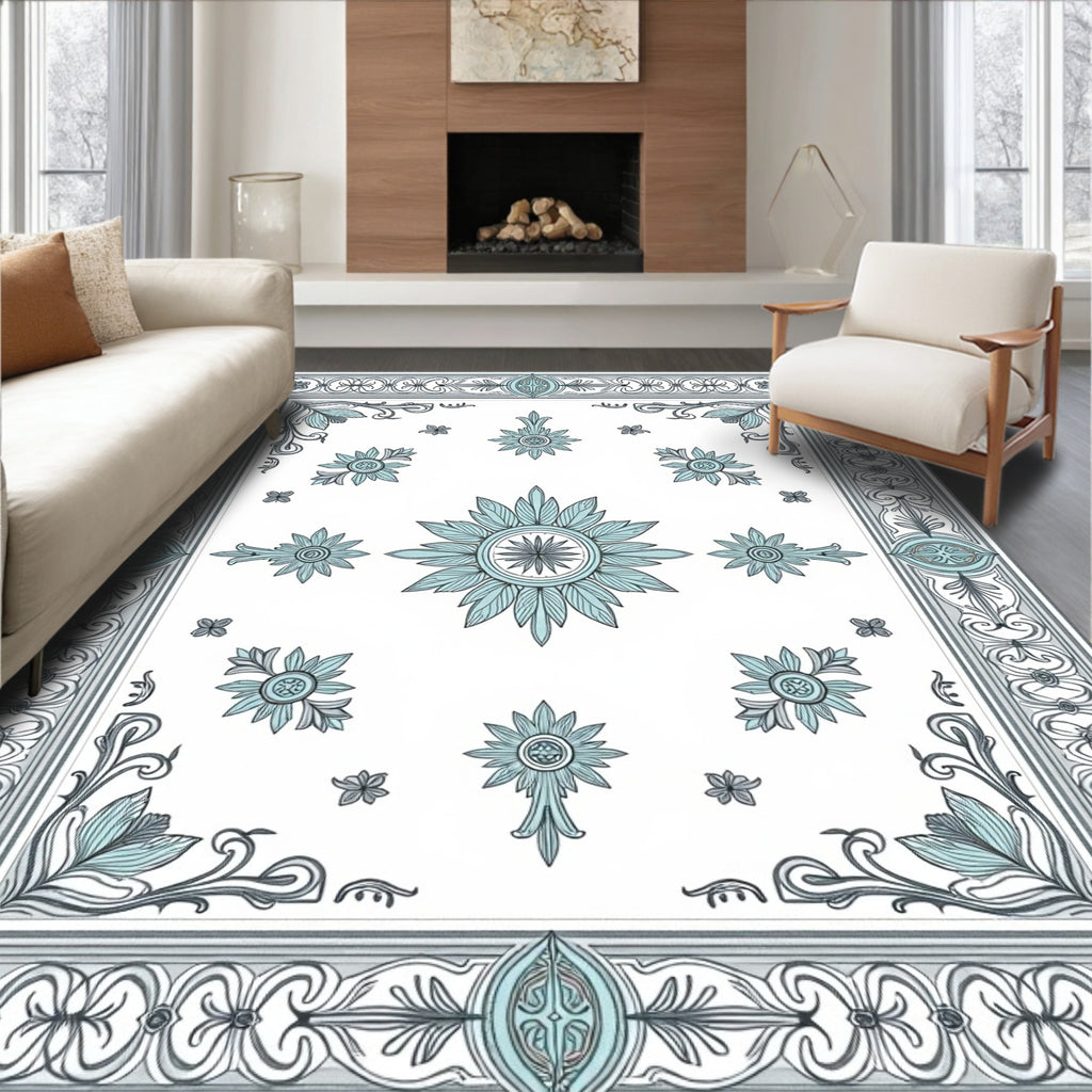 Elegant Teal Floral Medallion Border Rug