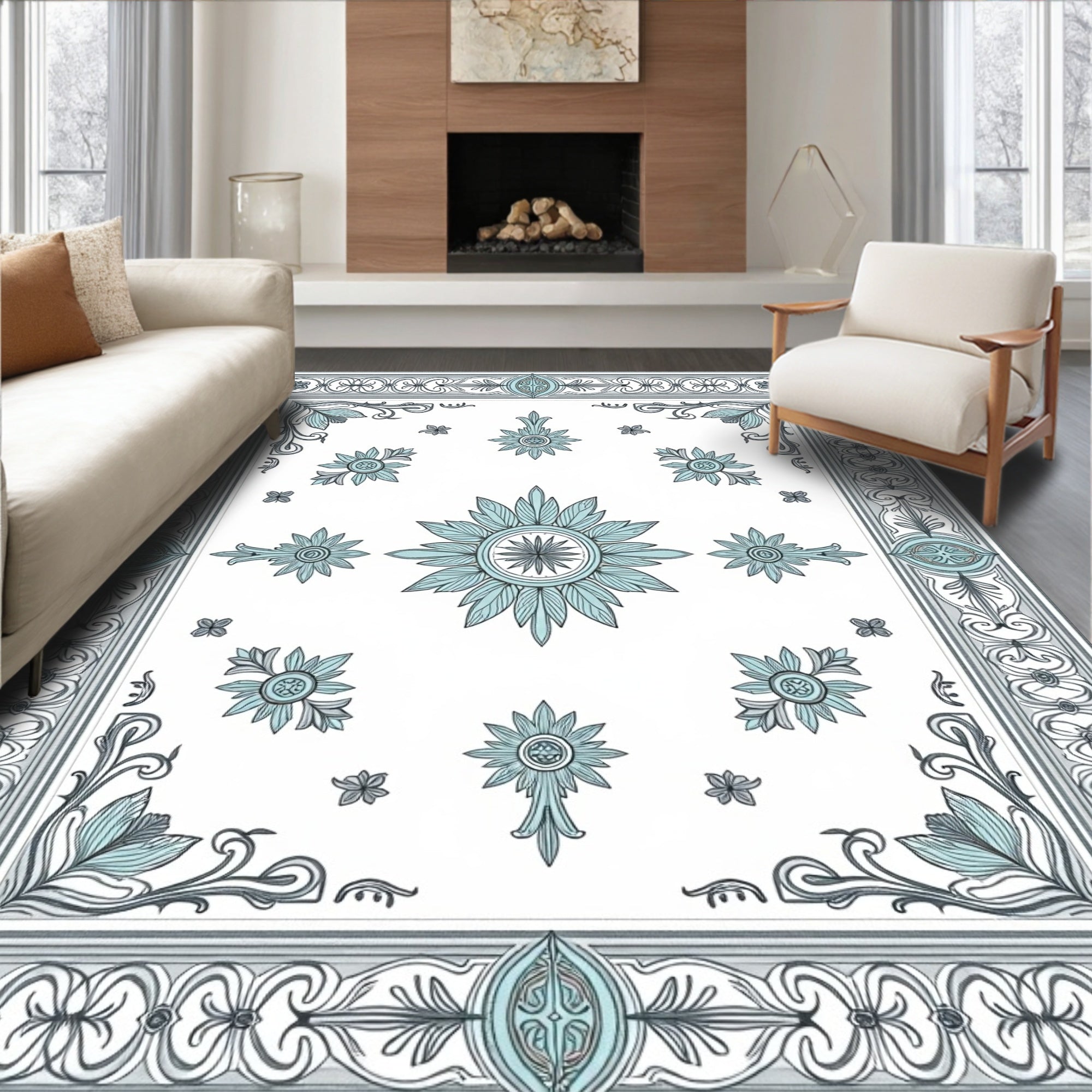 Elegant Teal Floral Medallion Border Rug