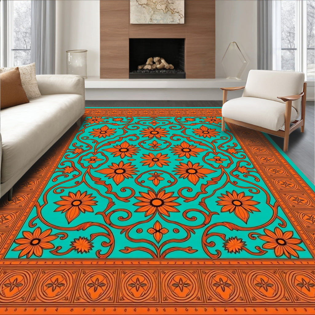 Orange Floral Swirl Patterned Teal Rug