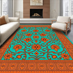 Orange Floral Swirl Patterned Teal Rug