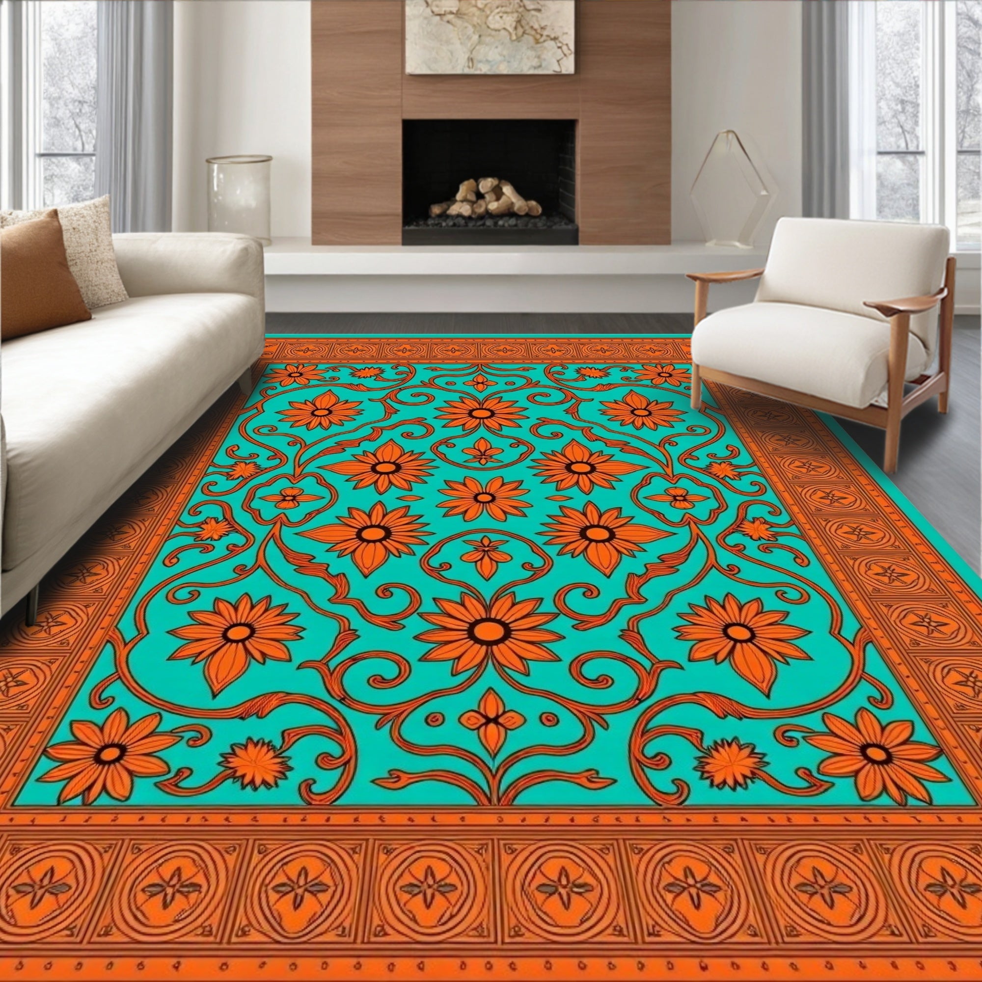 Orange Floral Swirl Patterned Teal Rug