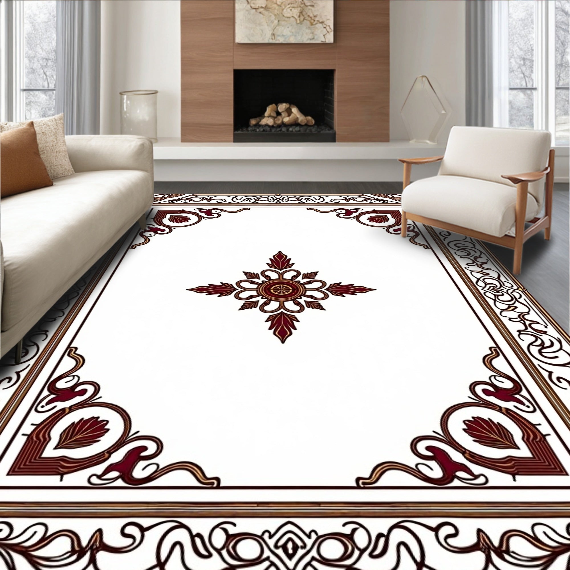 Ornate Maroon Floral Border Medallion Rug