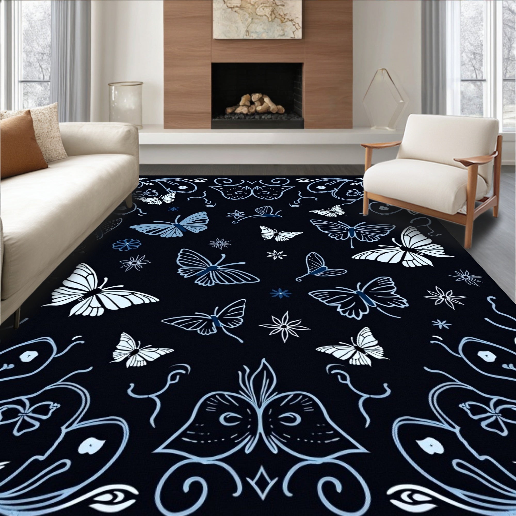 Midnight Blue Butterfly Meadow Rug