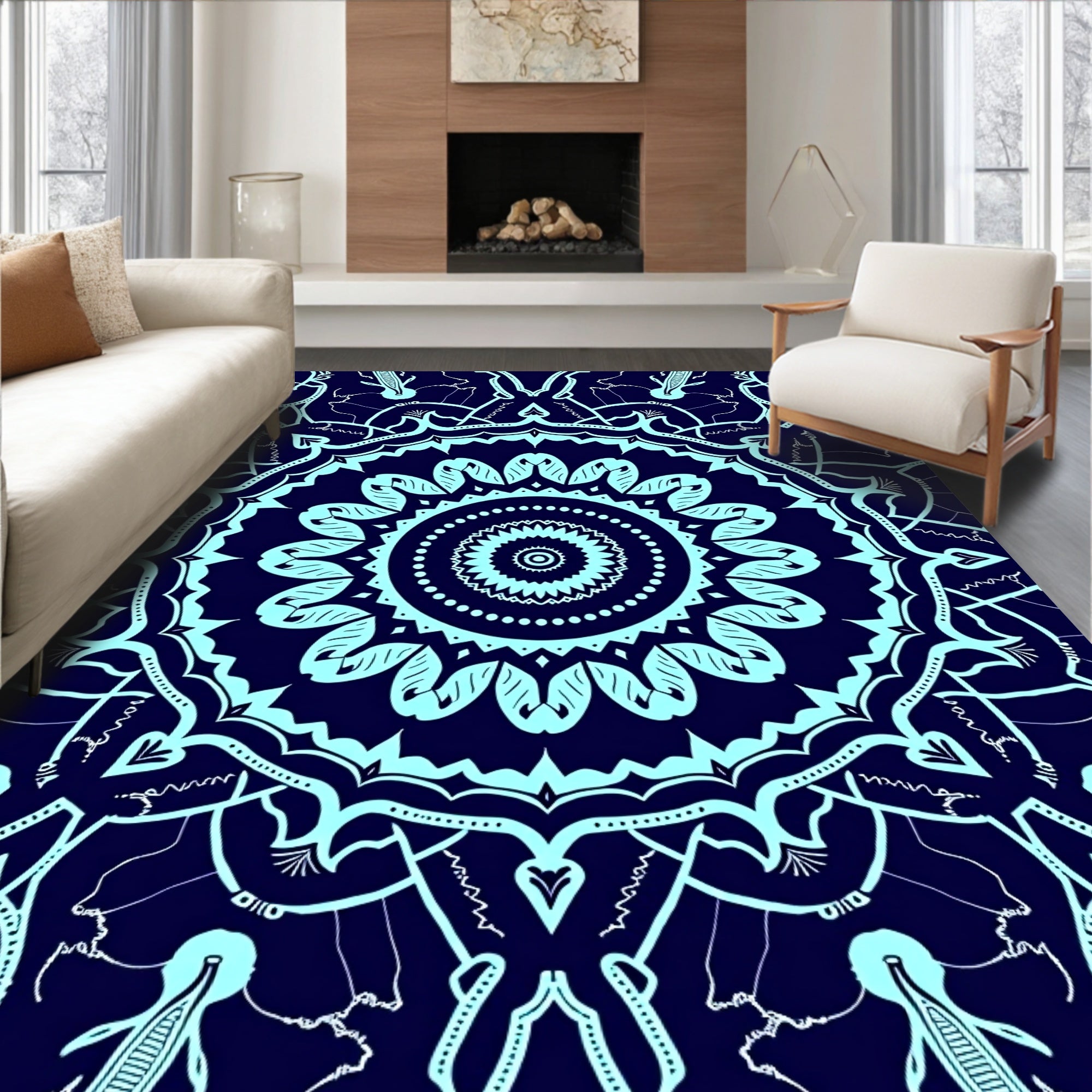 Intricate Teal Mandala Pattern Rug