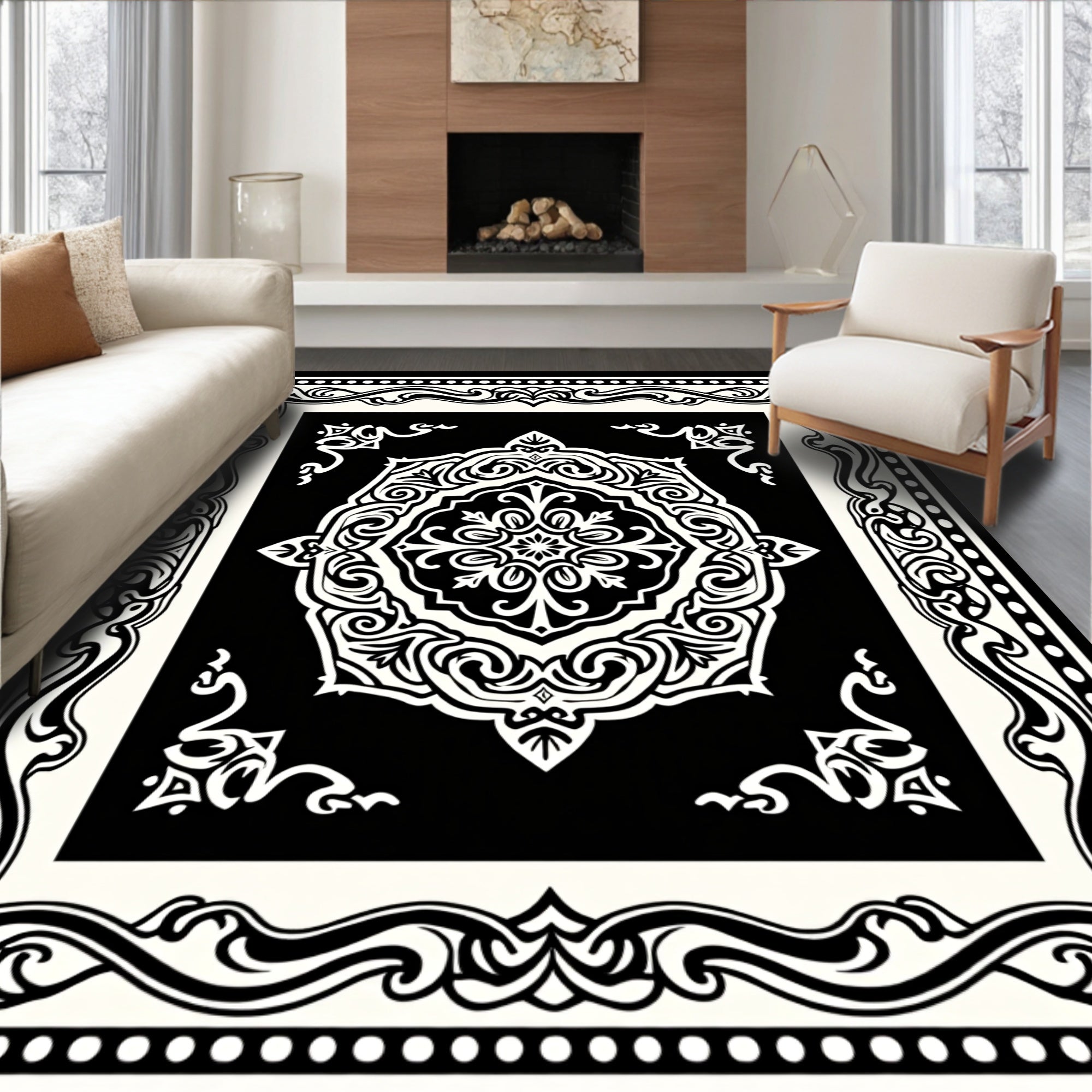 Classic Black White Floral Medallion Rug
