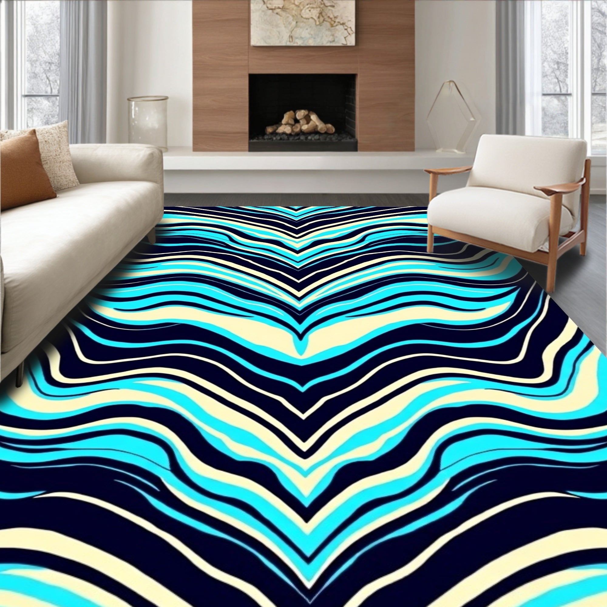 Vivid Aqua Blue Wavy Stripe Design Rug