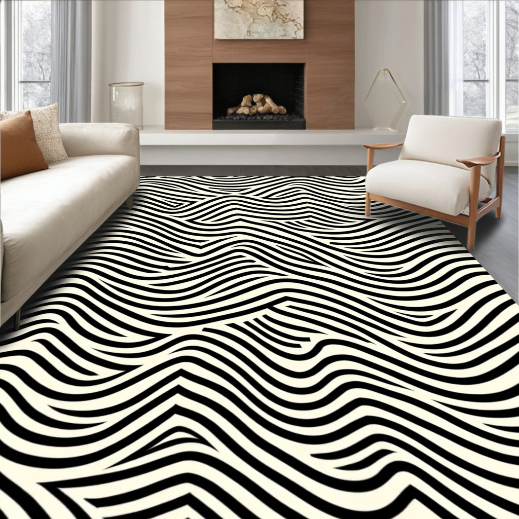 Modern Black And White Wave Pattern Rug
