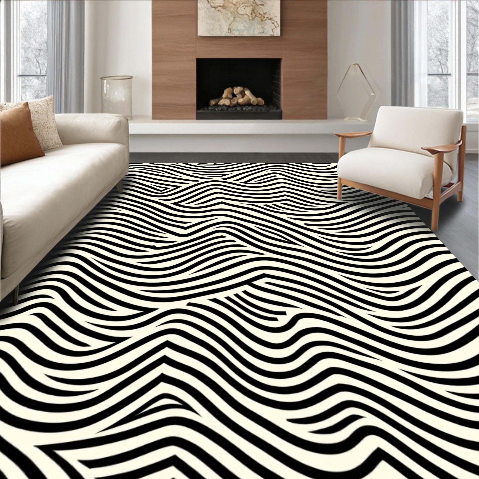 Modern Black And White Wave Pattern Rug