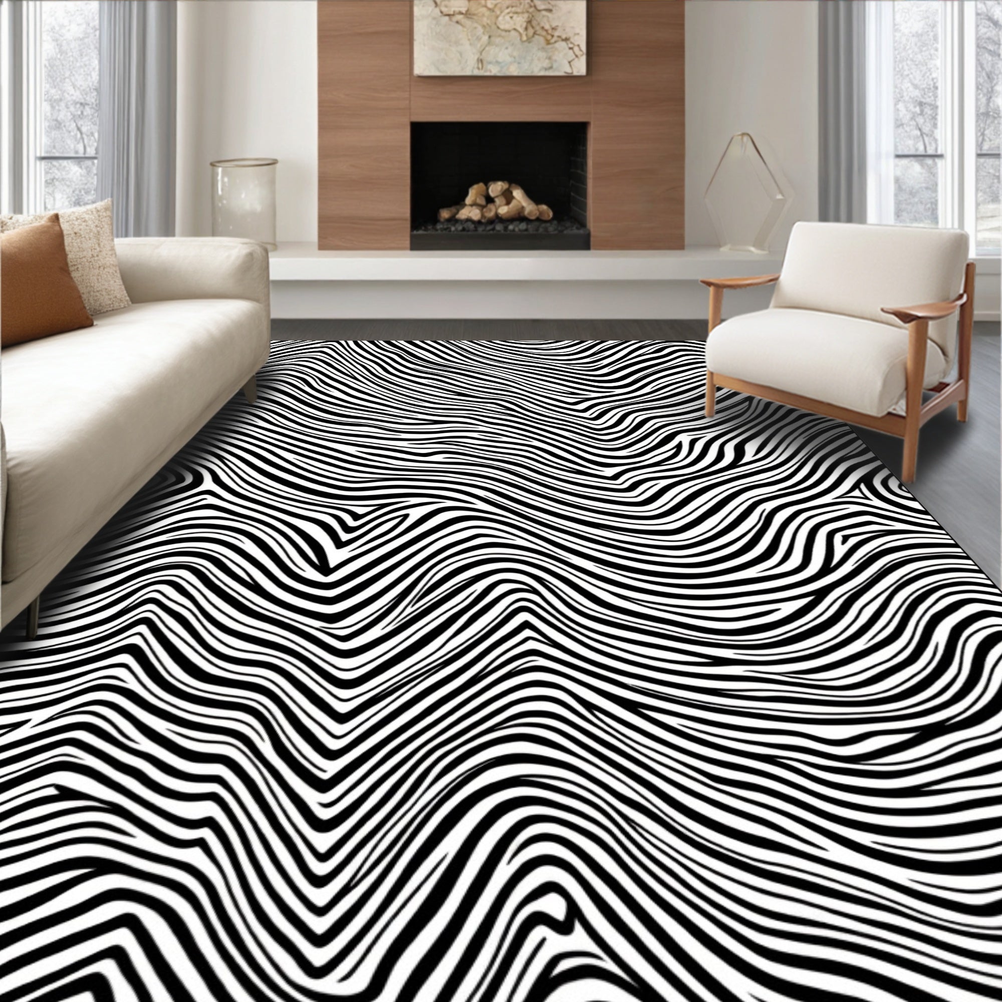 Abstract Black White Wavy Strokes Rug