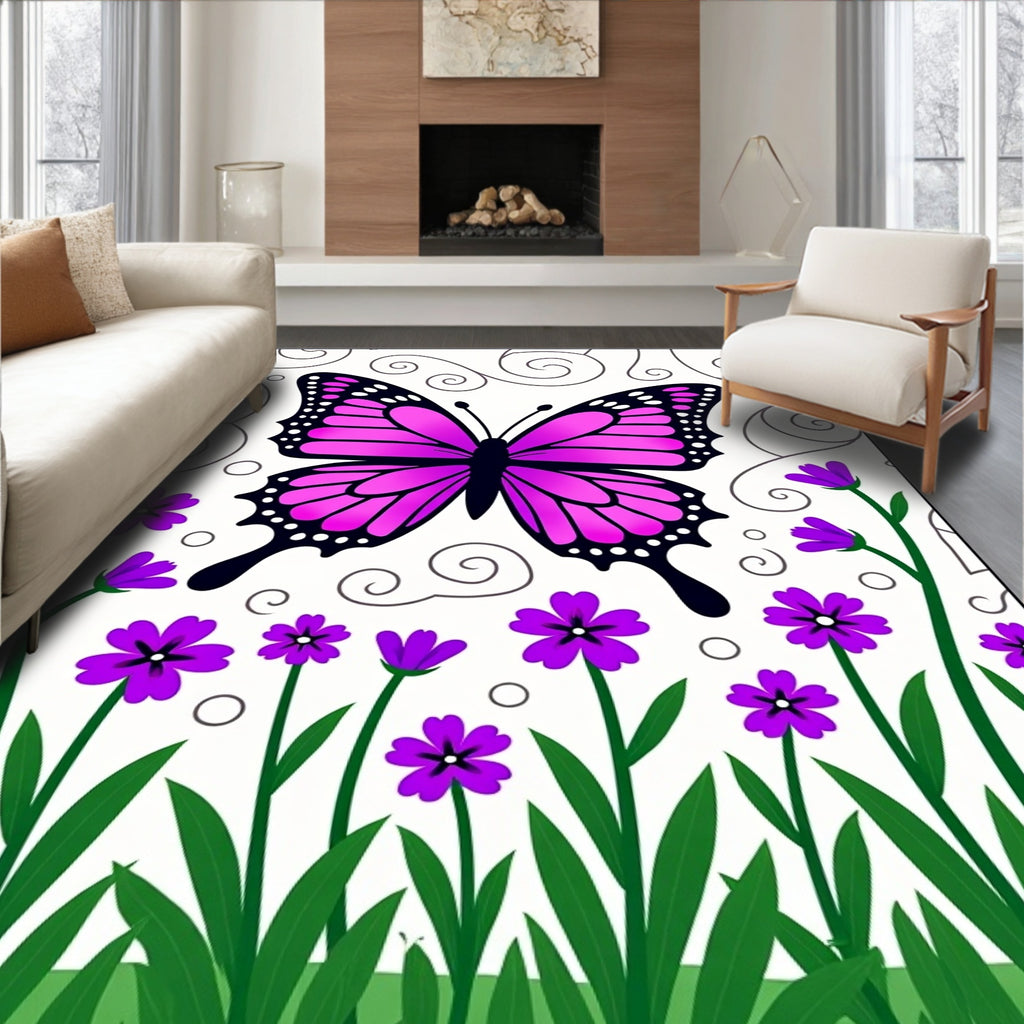 Vibrant Butterfly With Purple Flowers Rug