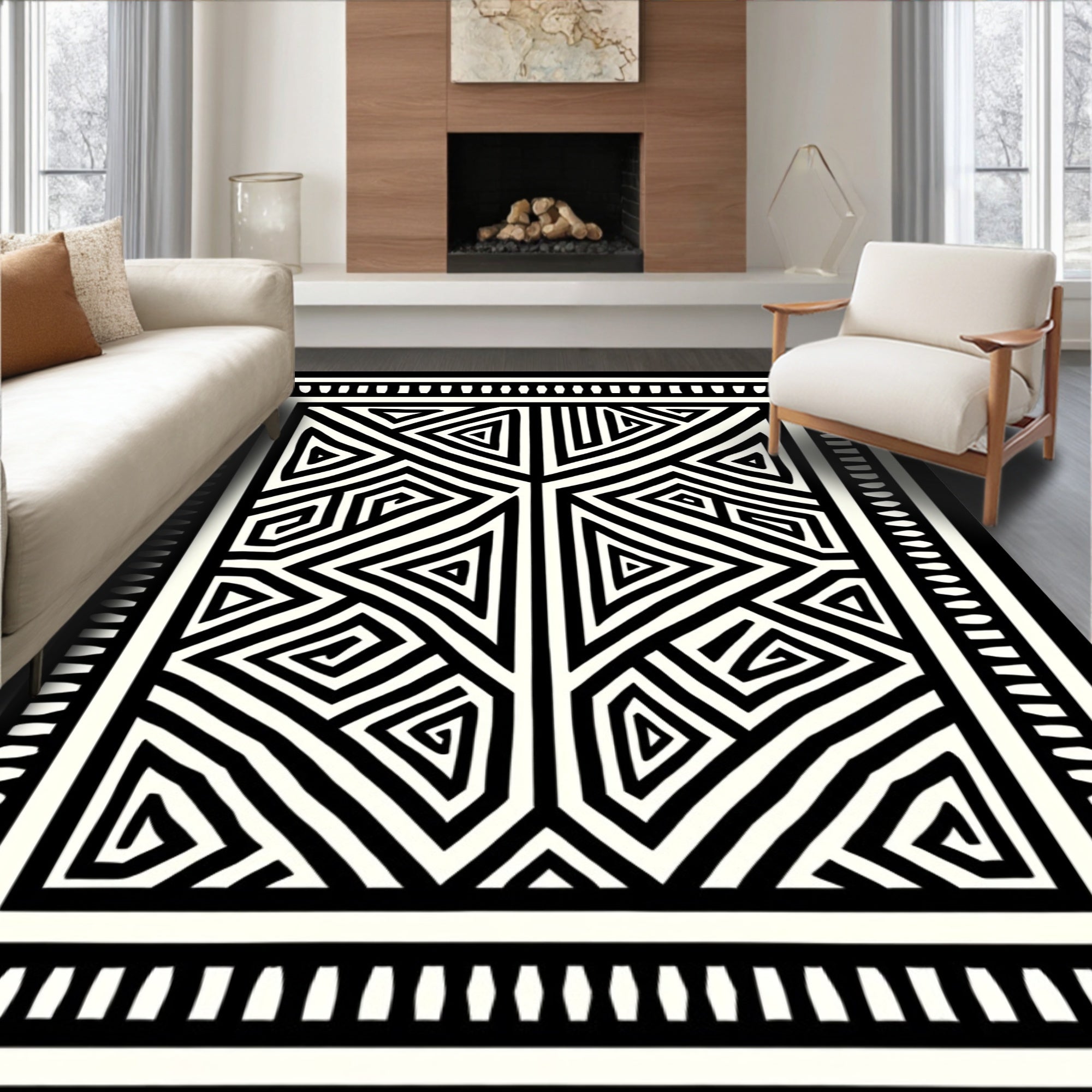 Modern Black White Geometric Maze Pattern Rug