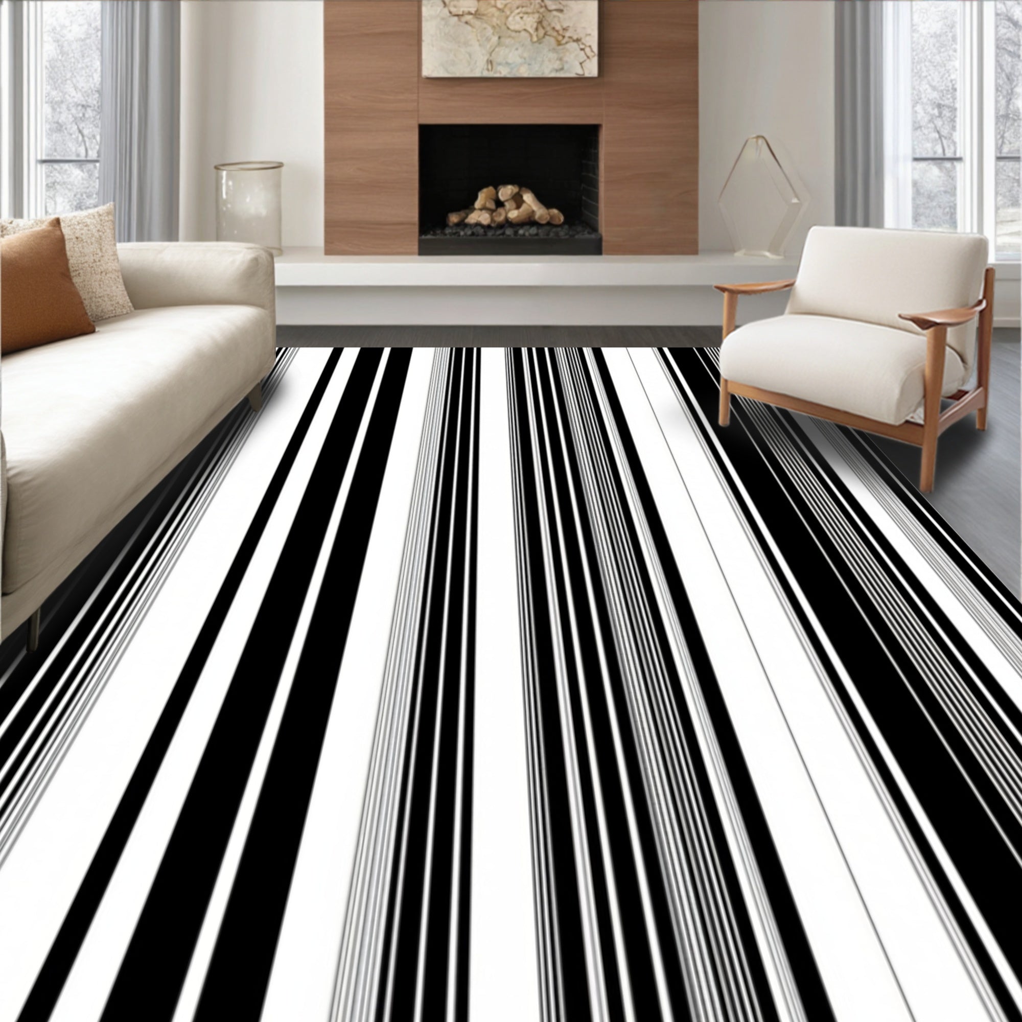 Minimalist Black White Stripe Pattern Rug