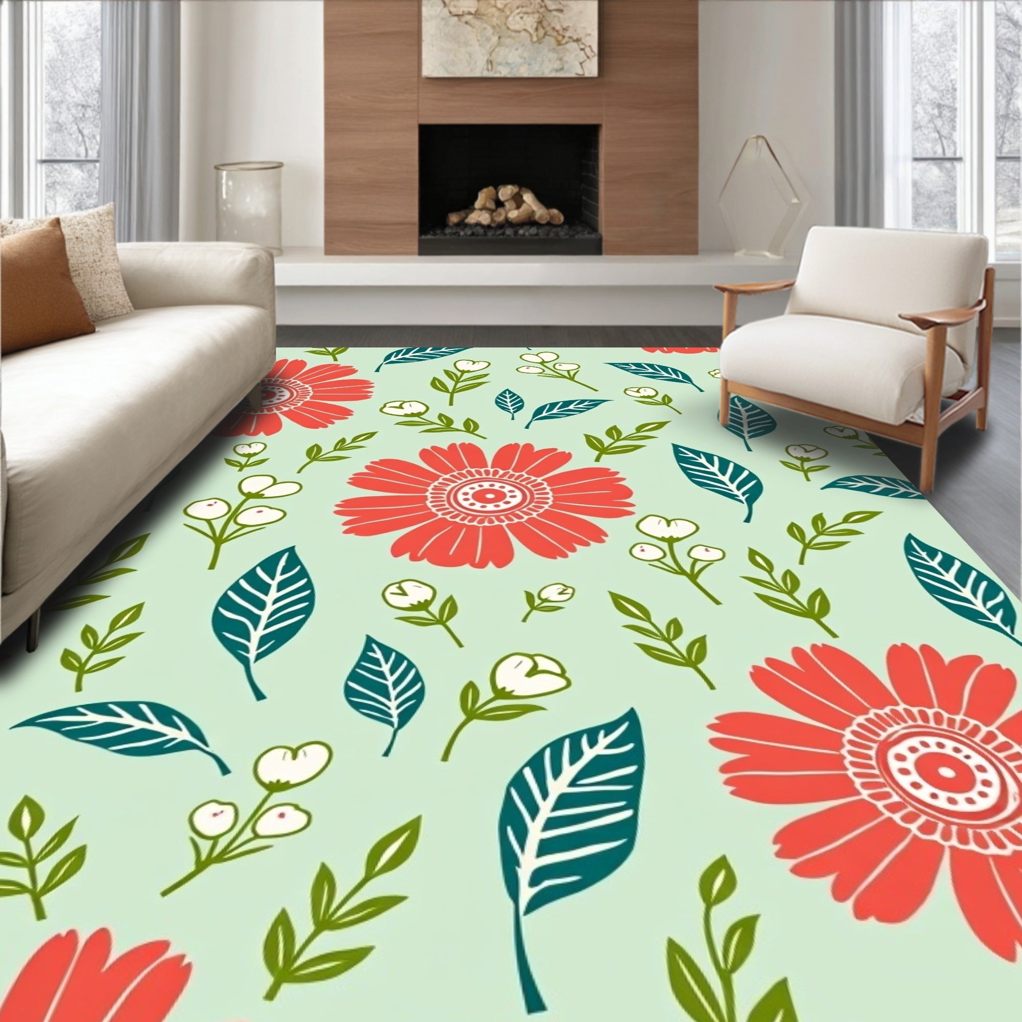 Coral And Teal Floral Botanical Pattern Rug