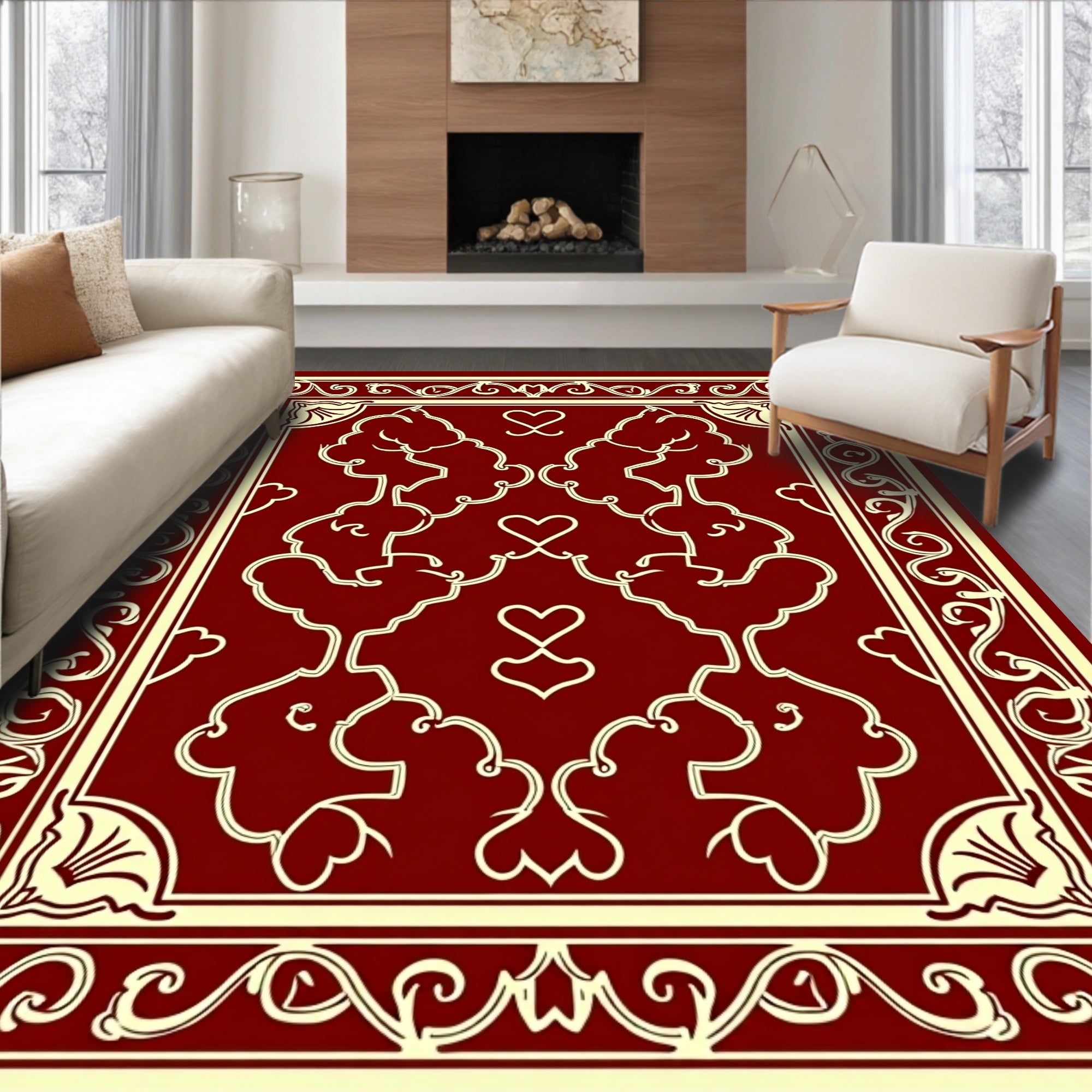 Regal Heart Motif Decorative Floral Rug