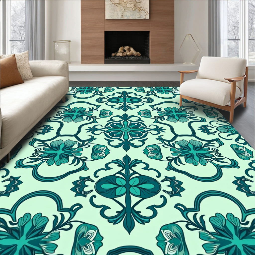 Teal Ornamental Floral Pattern Rug