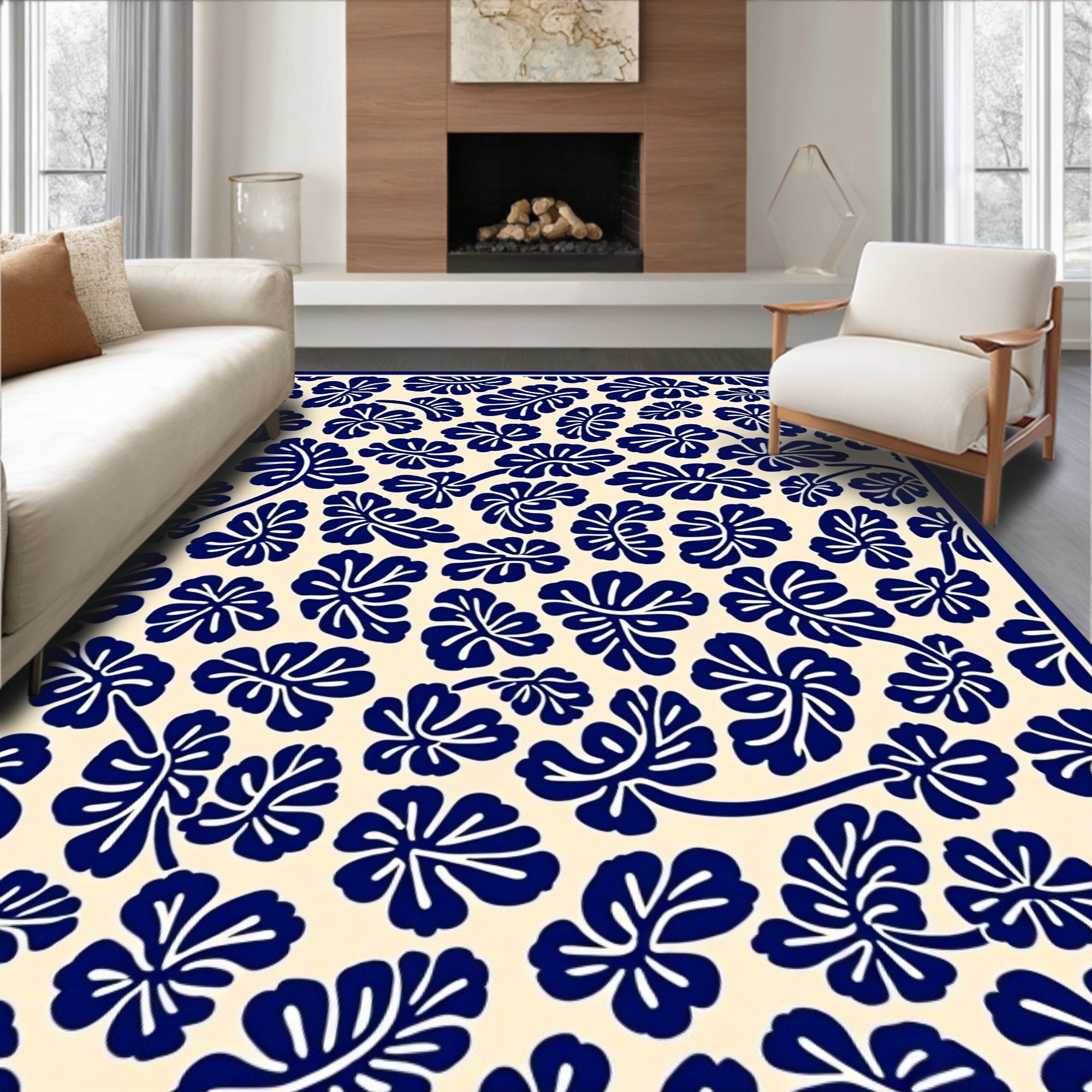 Navy Leaf Pattern With Cream Background Rug