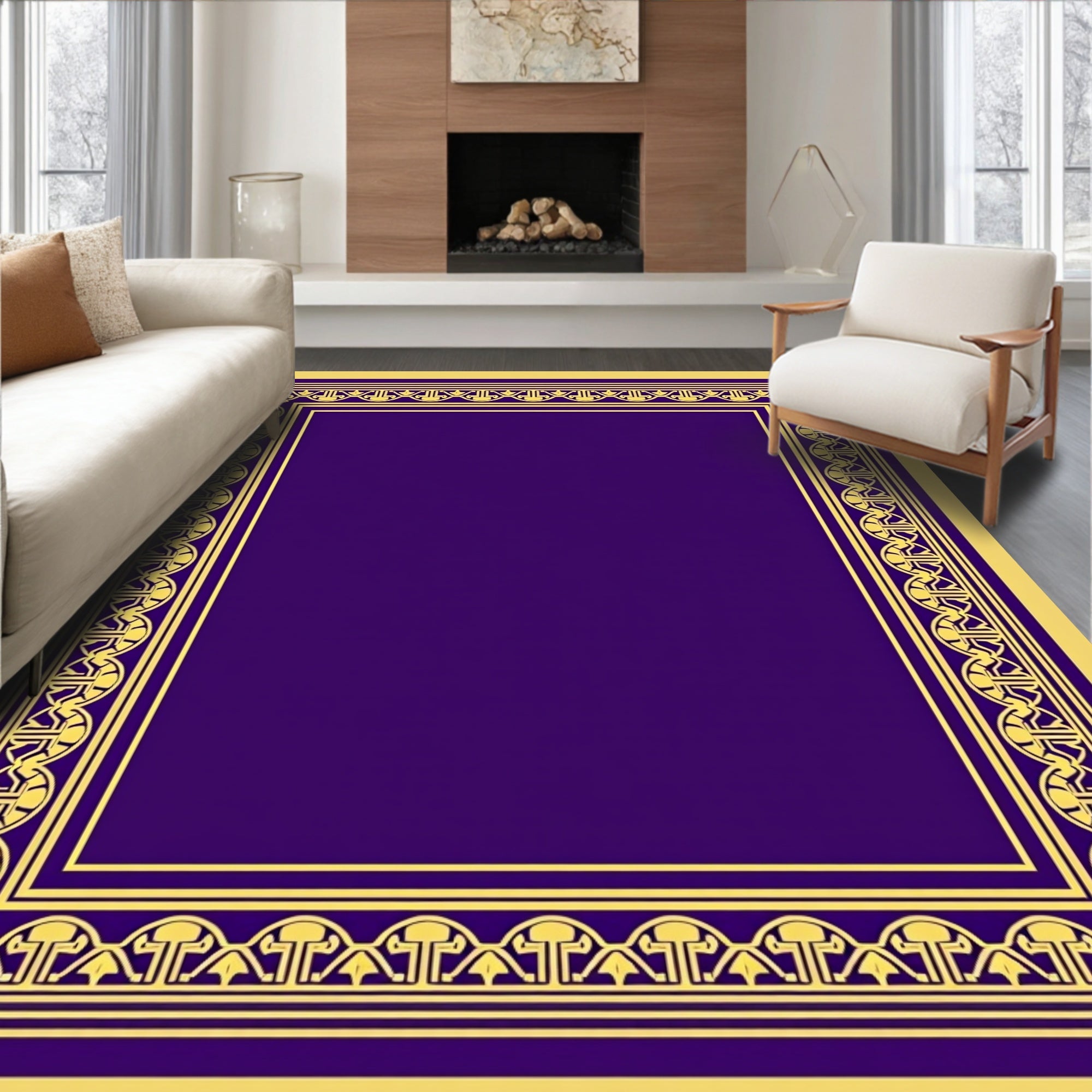 Ornate Golden Purple Geometric Border Rug
