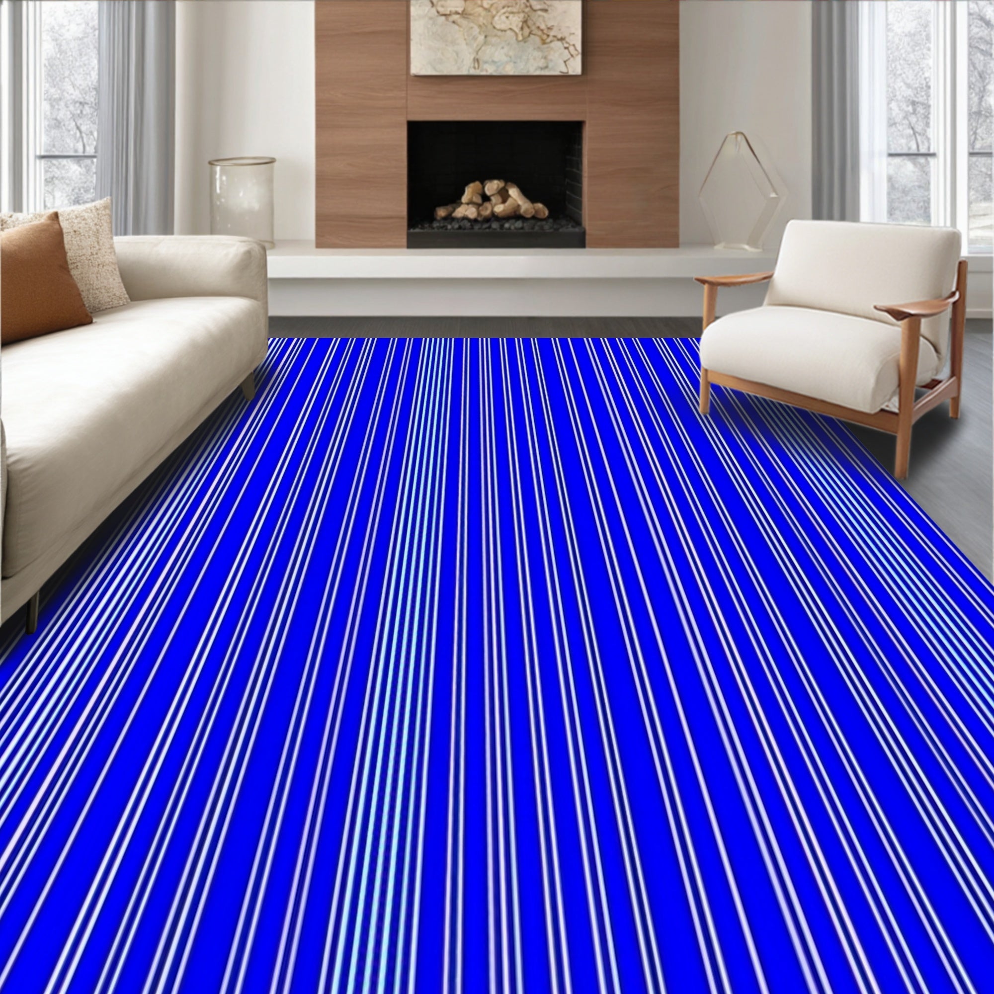 Bold Blue White Vertical Stripe Pattern Rug