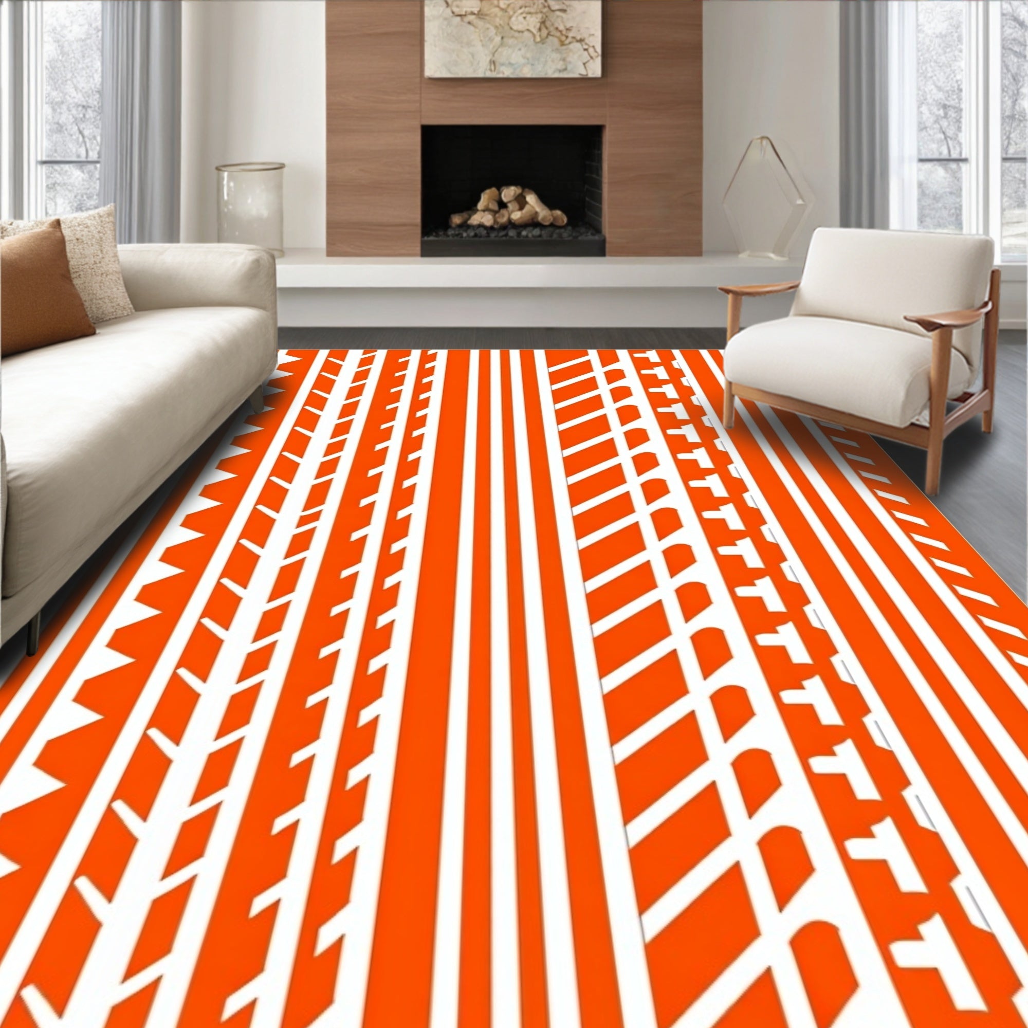 Orange and White Striped Geometric Pattern Rug
