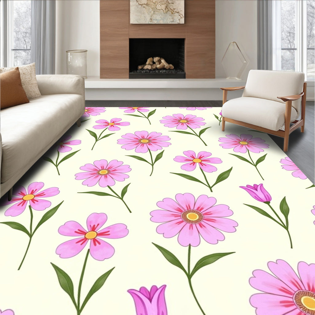 Pink Floral Pattern with Green Stems Rug