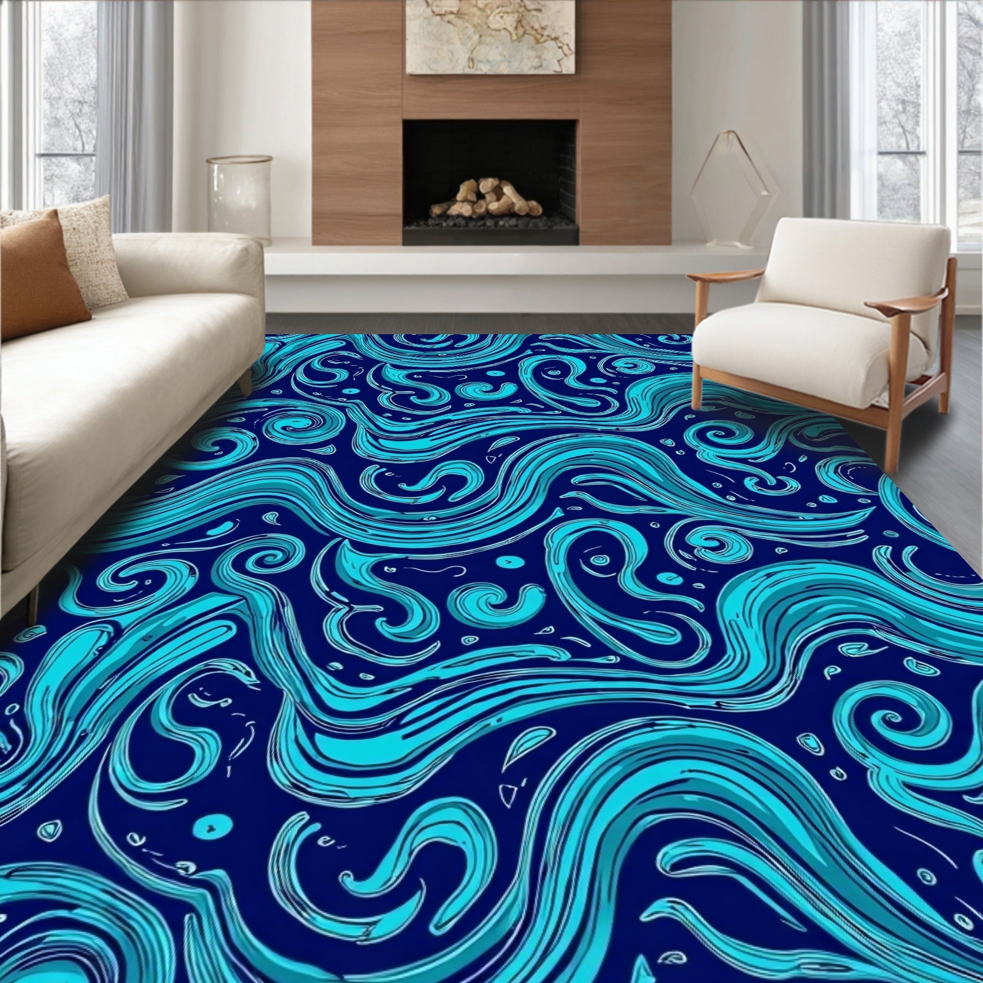 Aqua Swirl Abstract Fluid Pattern Rug