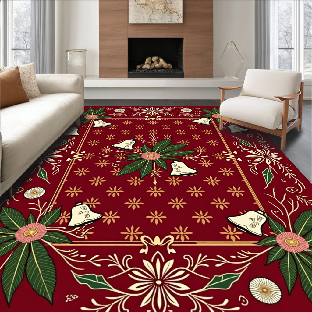 Festive Red Floral Bell Border Rug