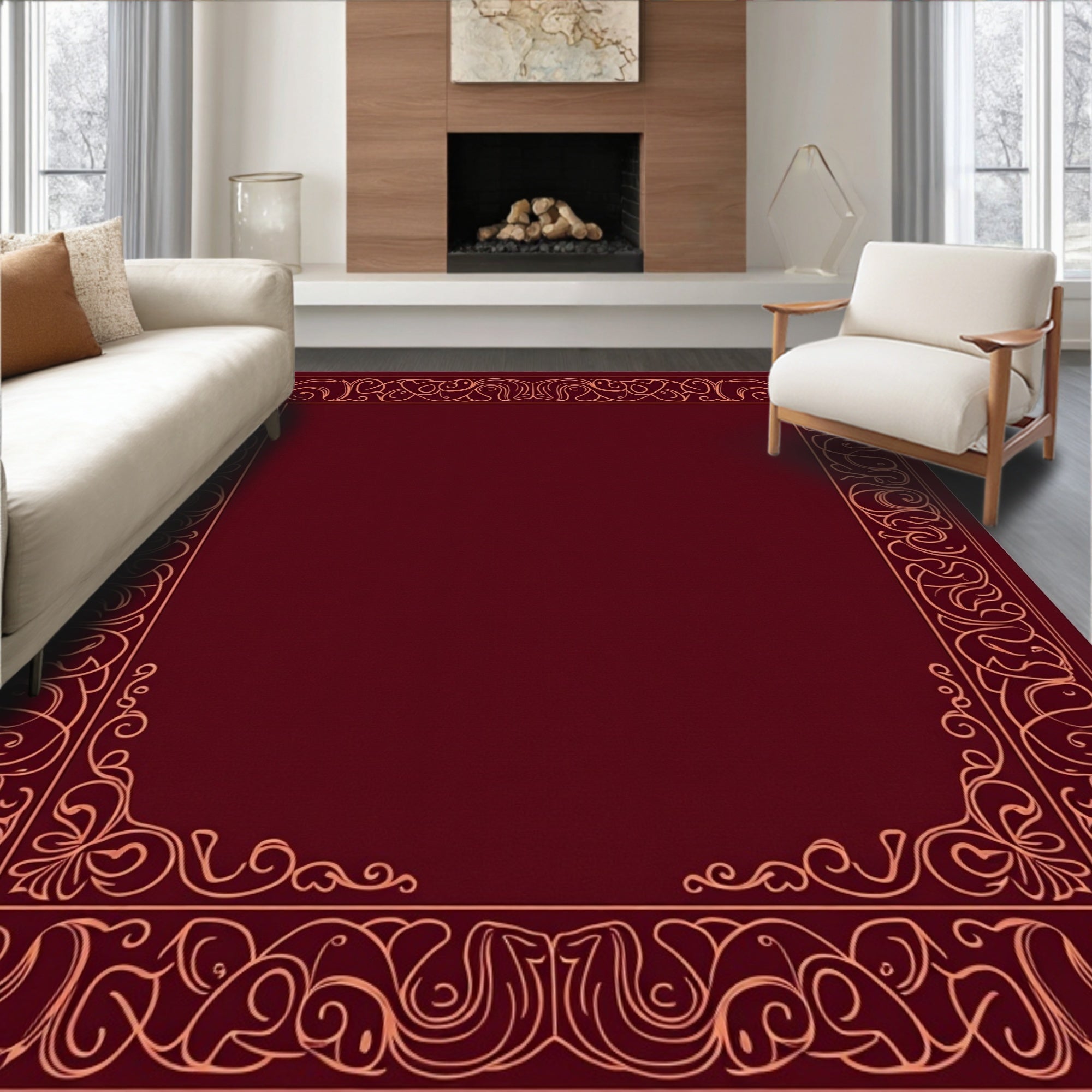 Ornate Floral Vine Border Design Rug