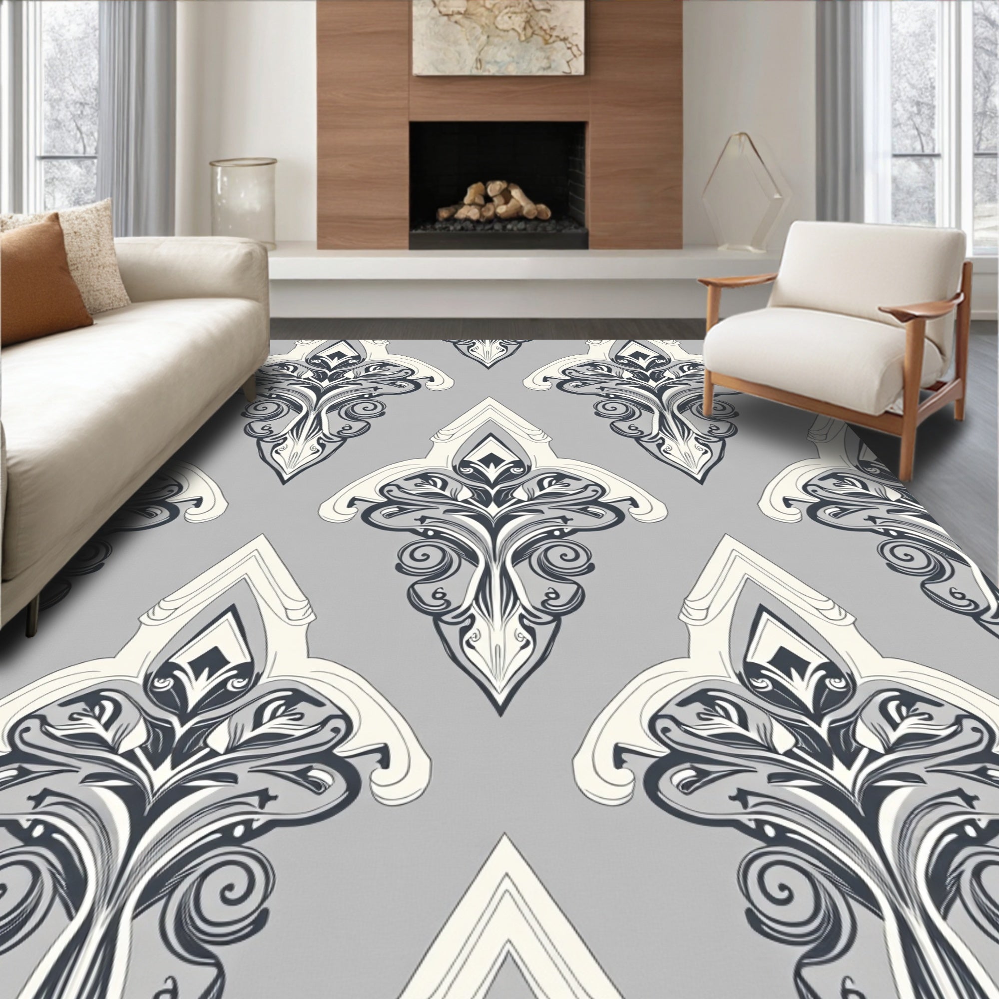 Elegant Grey White Damask Pattern Rug