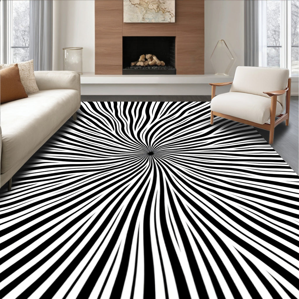 Radiating Black White Swirl Pattern Rug