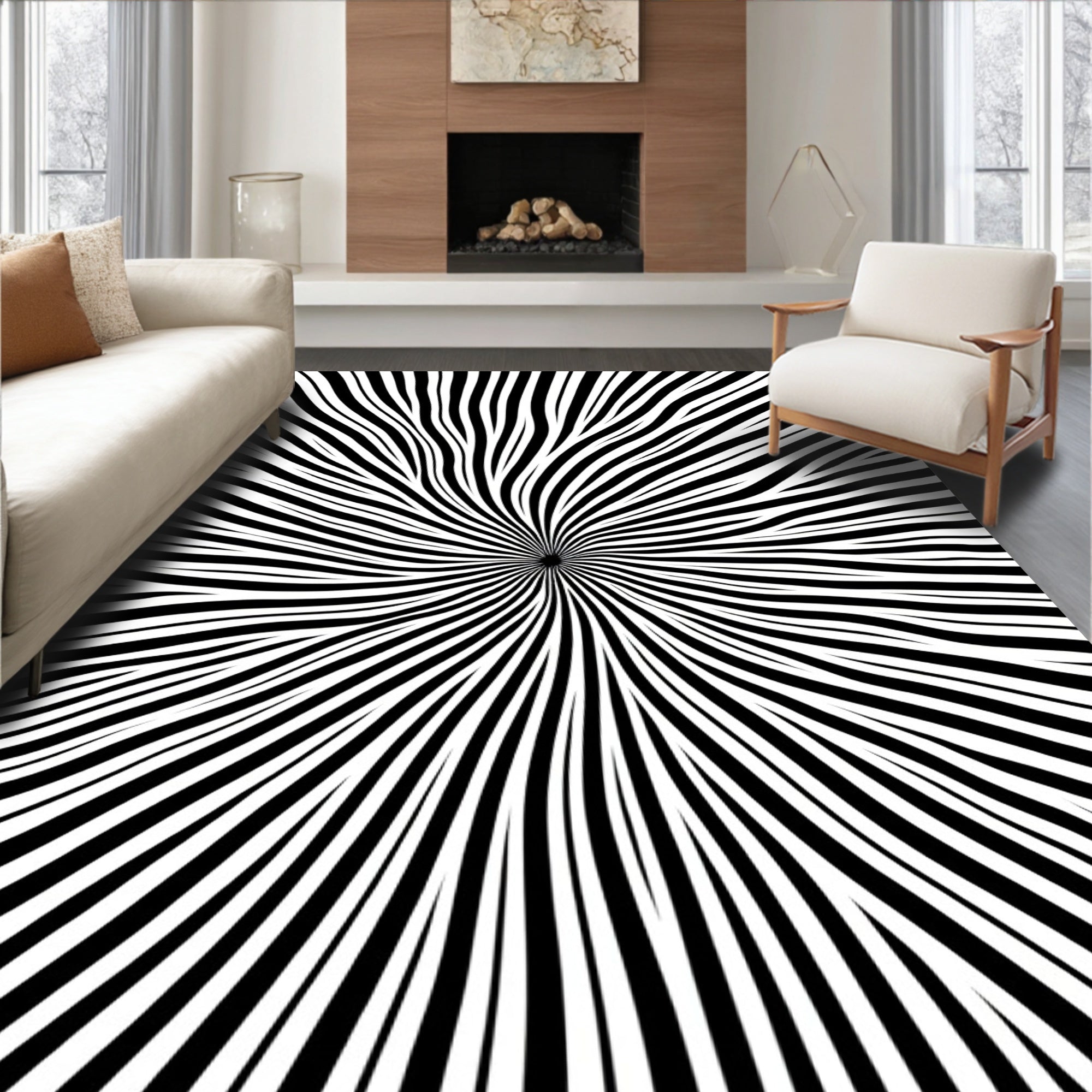 Radiating Black White Swirl Pattern Rug
