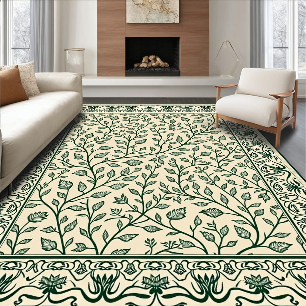 Vintage Green Leaf Vine Pattern Rug